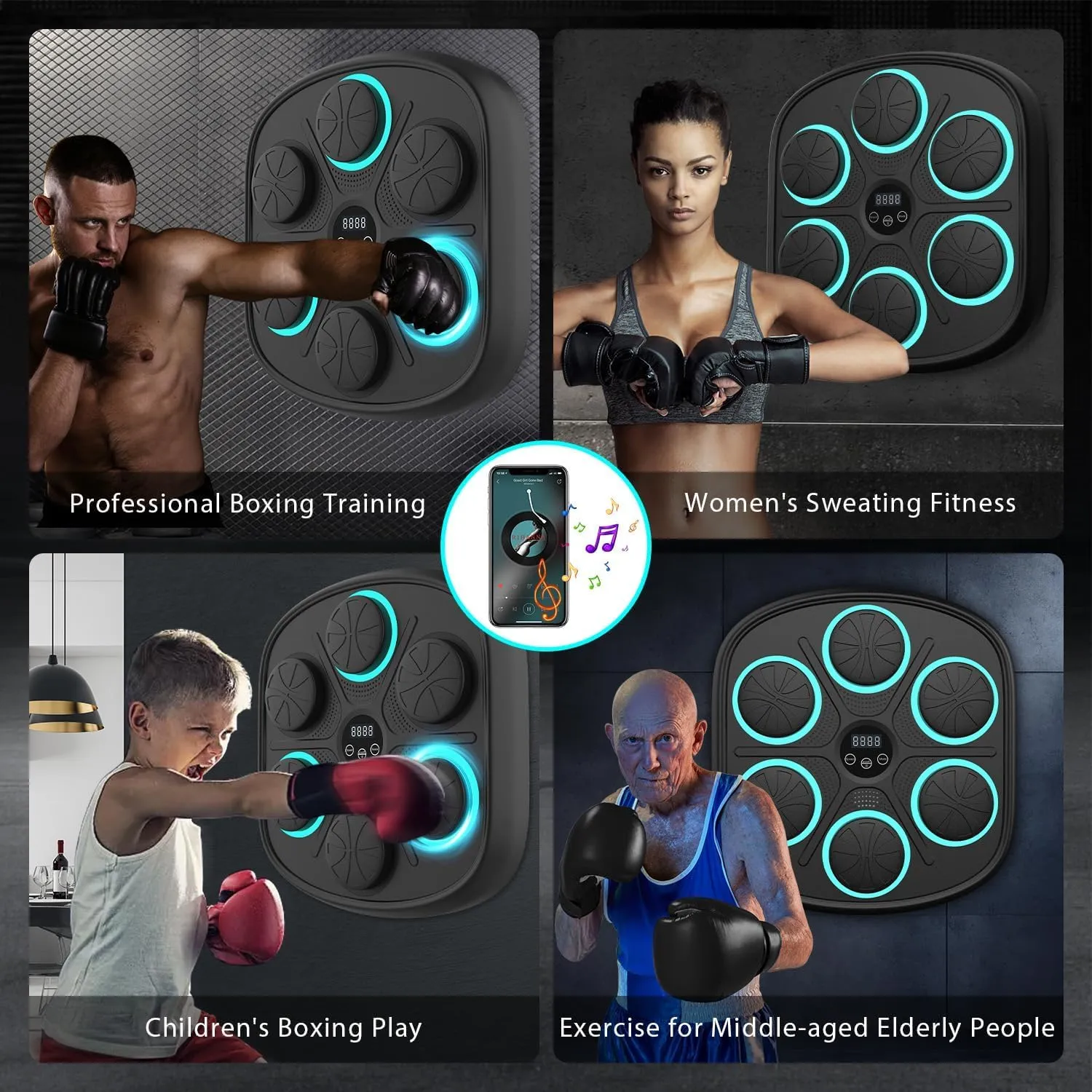 2024 New Smart Music Boxing Machine with Boxing Gloves, Wall Mounted Smart Bluetooth Music Boxing Trainer with LED, Electronic Focus Agility Training Digital Boxing for Adults and Kids