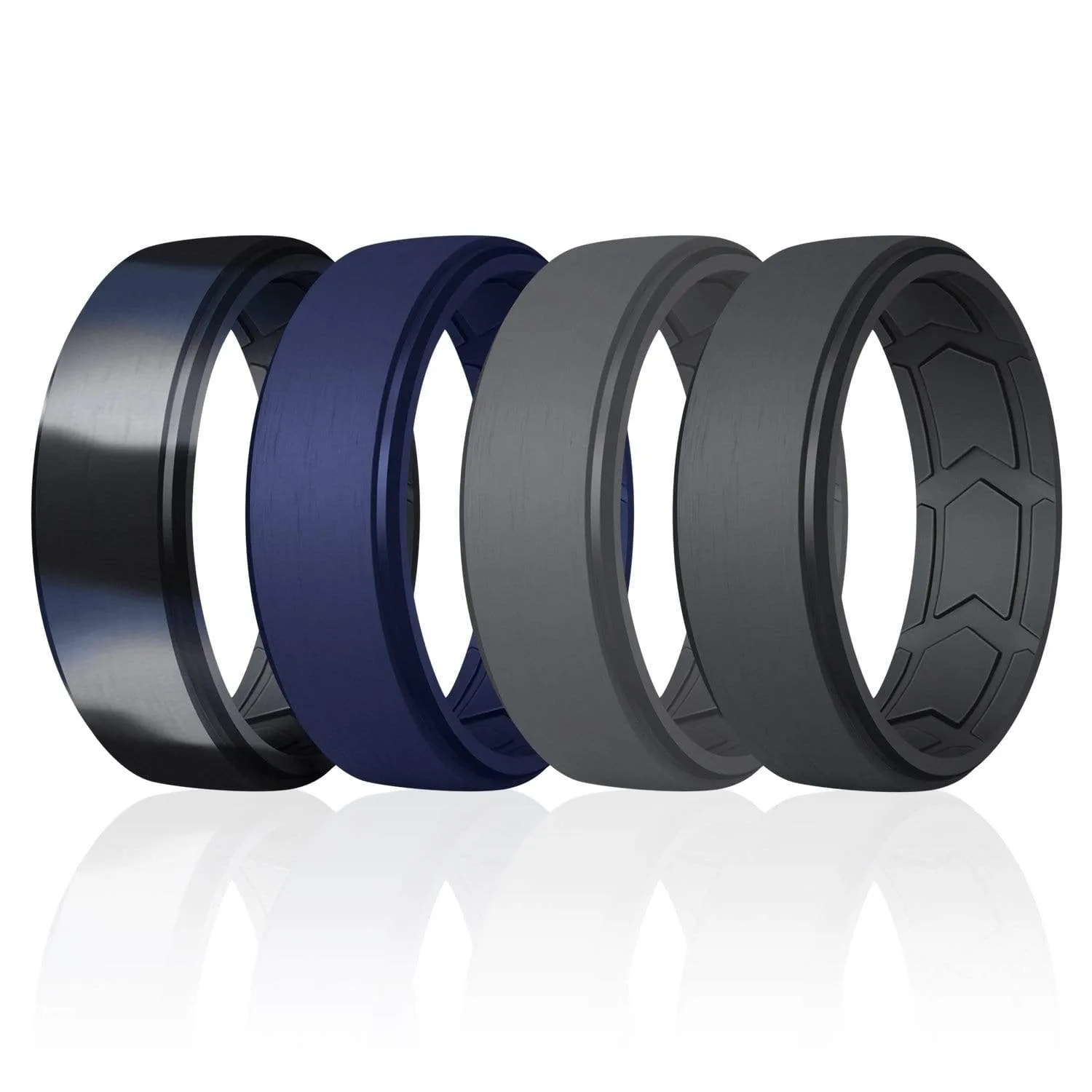 4 Pack - ROQ Silicone Men Wedding Bands - Breathable - Step Brushed top