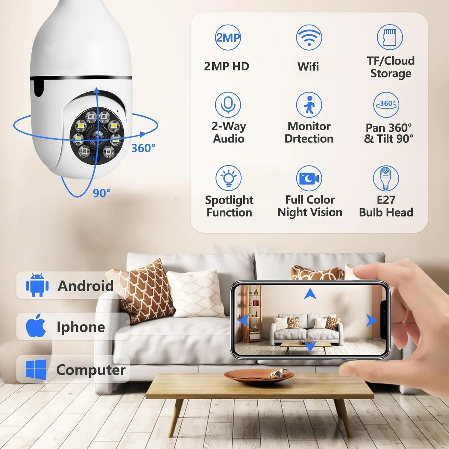 5G Light Bulb Security Camera Wifi Dual Band ,360 Degree 1080P Security Camera, Wireless Indoor Camera Full Color,Smart Dome Camera with Auto Tracking, Light Socket Camera Surveillance PTZ Camera