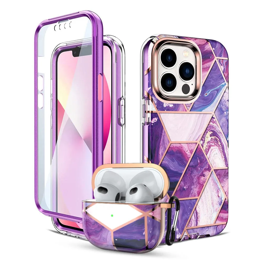 Apple iPhone 13 Pro Max Case  Air Pods 3rd Generation Case | Marble Shockproof Bumper Stylish Slim Phone Cases |  Purple