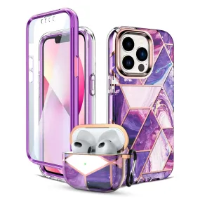 Apple iPhone 13 Pro Max Case  Air Pods 3rd Generation Case | Marble Shockproof Bumper Stylish Slim Phone Cases |  Purple