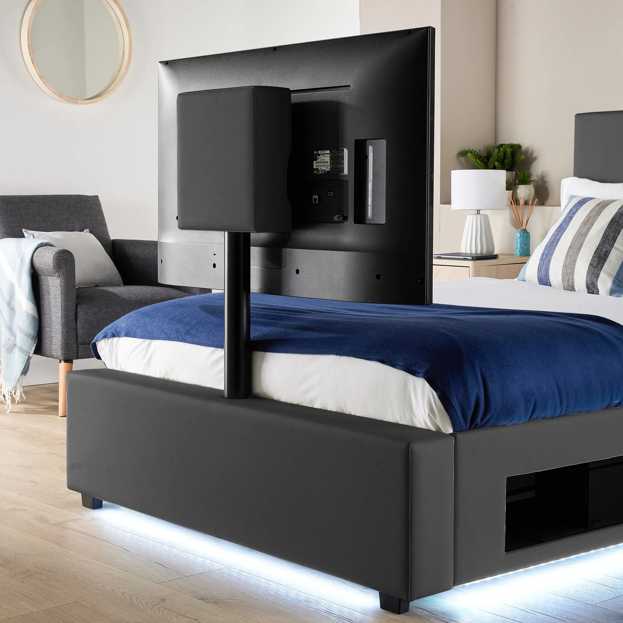 Ava Upholstered TV Bed with LED Lights - Grey (4 Sizes)