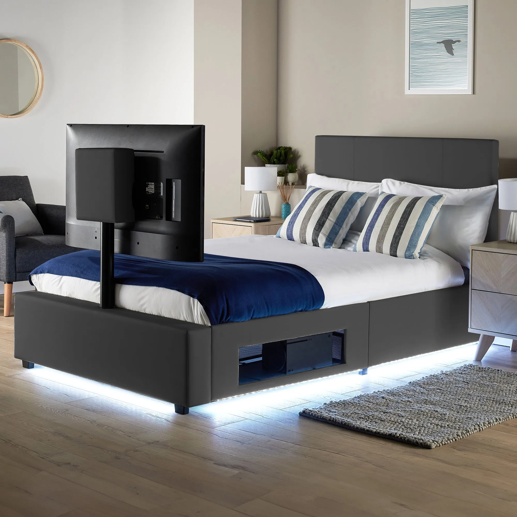 Ava Upholstered TV Bed with LED Lights - Grey (4 Sizes)
