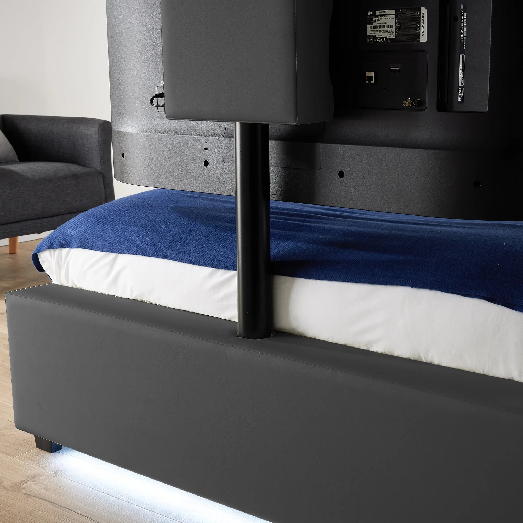 Ava Upholstered TV Bed with LED Lights - Grey (4 Sizes)