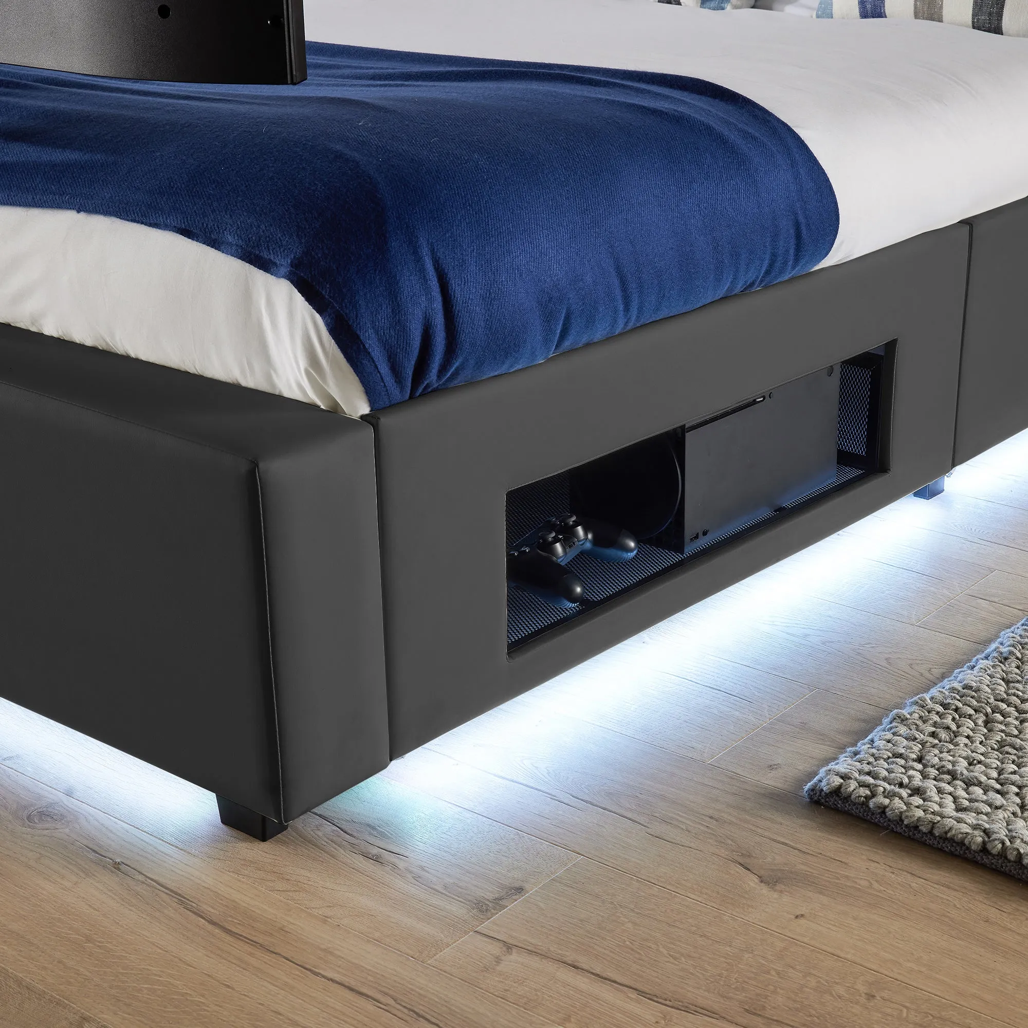 Ava Upholstered TV Bed with LED Lights - Grey (4 Sizes)