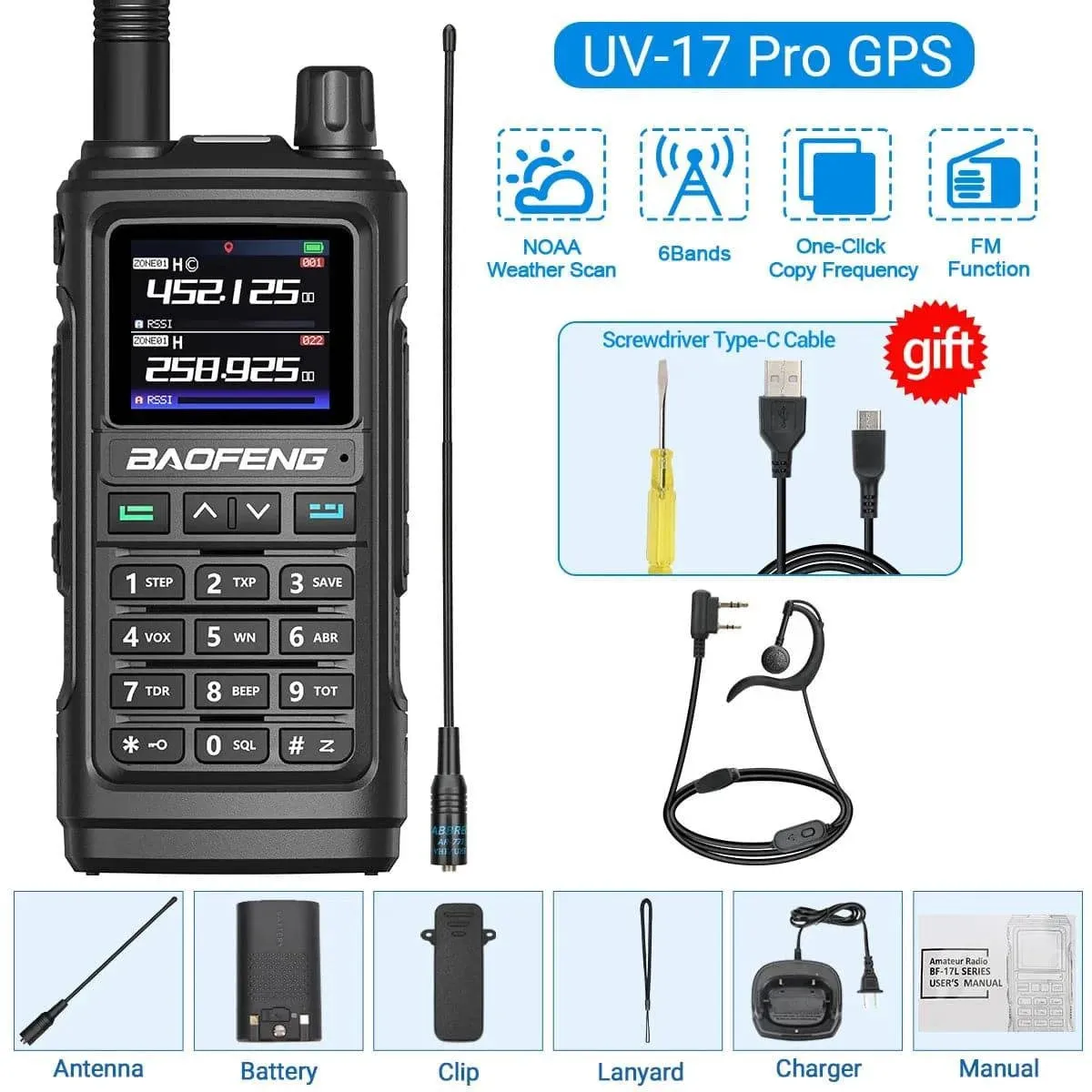 Baofeng UV-17 PRO GPS Air Band Walkie Talkie 999CH Wireless Copy Frequency NOAA Six Bands Amateur Ham Two Way Radio for Hunting