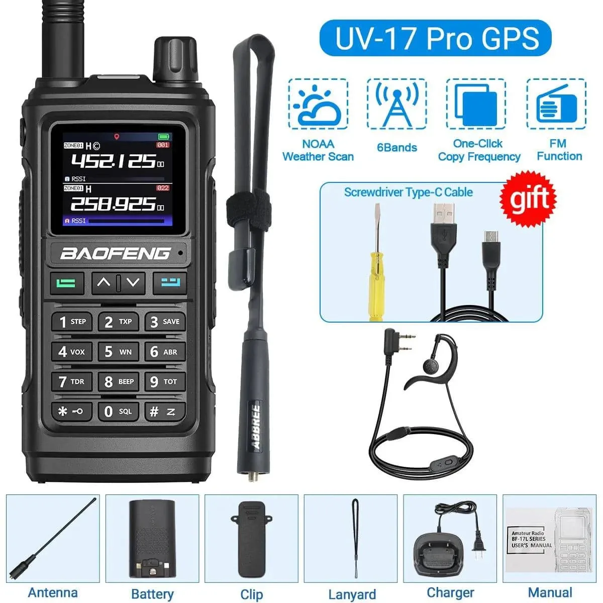Baofeng UV-17 PRO GPS Air Band Walkie Talkie 999CH Wireless Copy Frequency NOAA Six Bands Amateur Ham Two Way Radio for Hunting