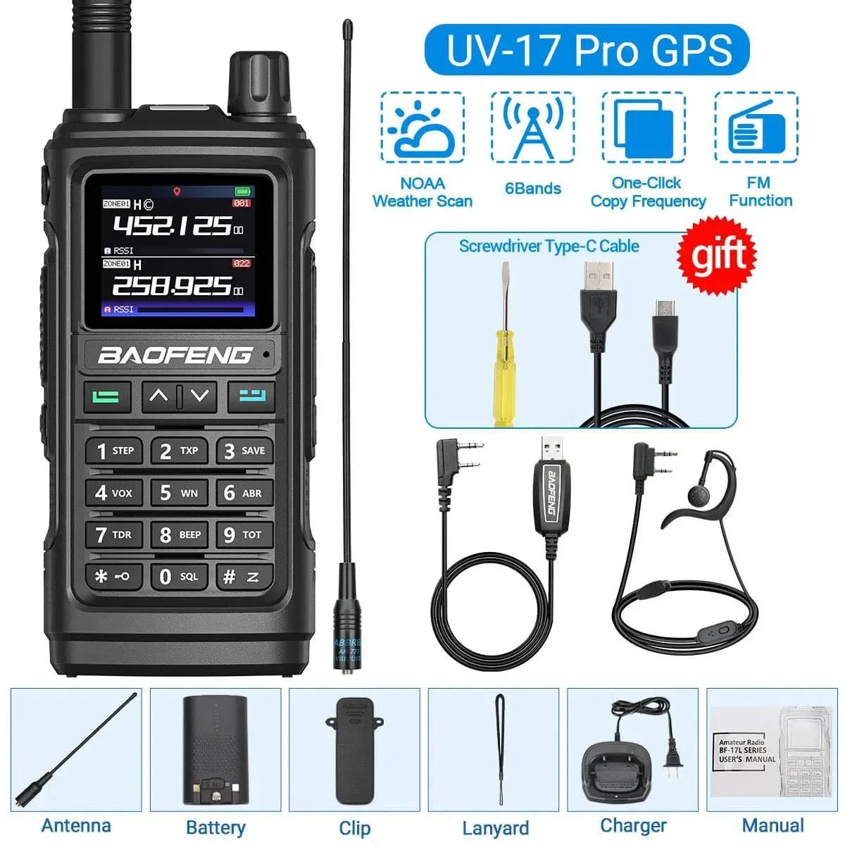 Baofeng UV-17 PRO GPS Air Band Walkie Talkie 999CH Wireless Copy Frequency NOAA Six Bands Amateur Ham Two Way Radio for Hunting