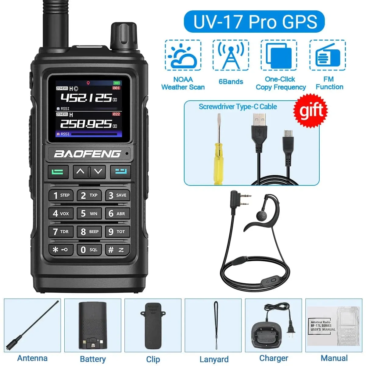Baofeng UV-17 PRO GPS Air Band Walkie Talkie 999CH Wireless Copy Frequency NOAA Six Bands Amateur Ham Two Way Radio for Hunting