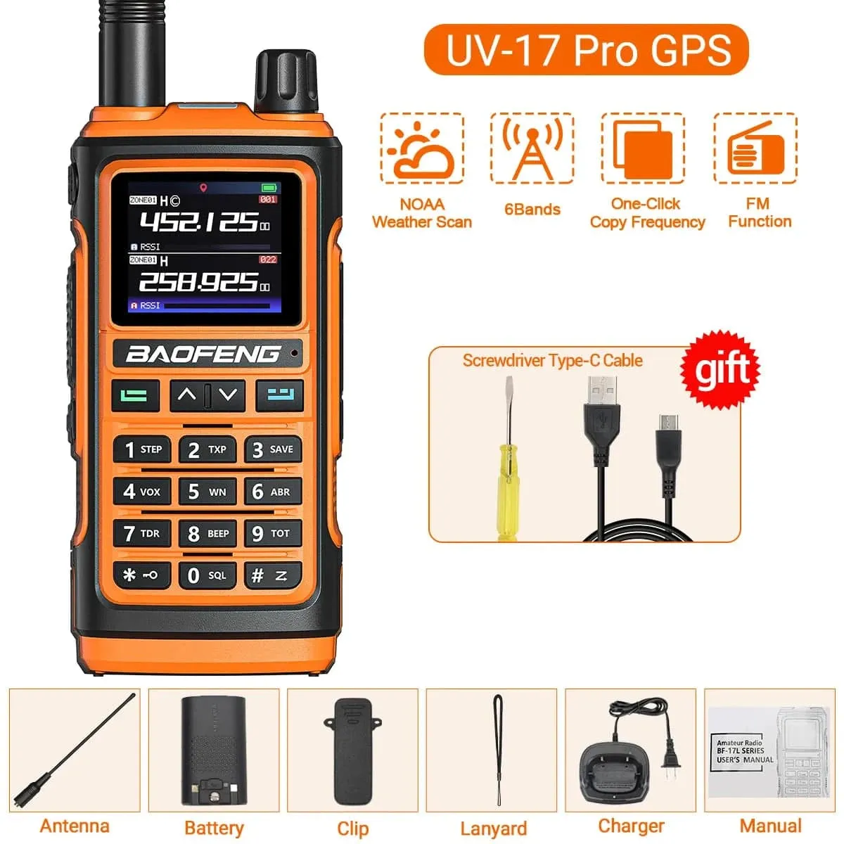 Baofeng UV-17 PRO GPS Air Band Walkie Talkie 999CH Wireless Copy Frequency NOAA Six Bands Amateur Ham Two Way Radio for Hunting