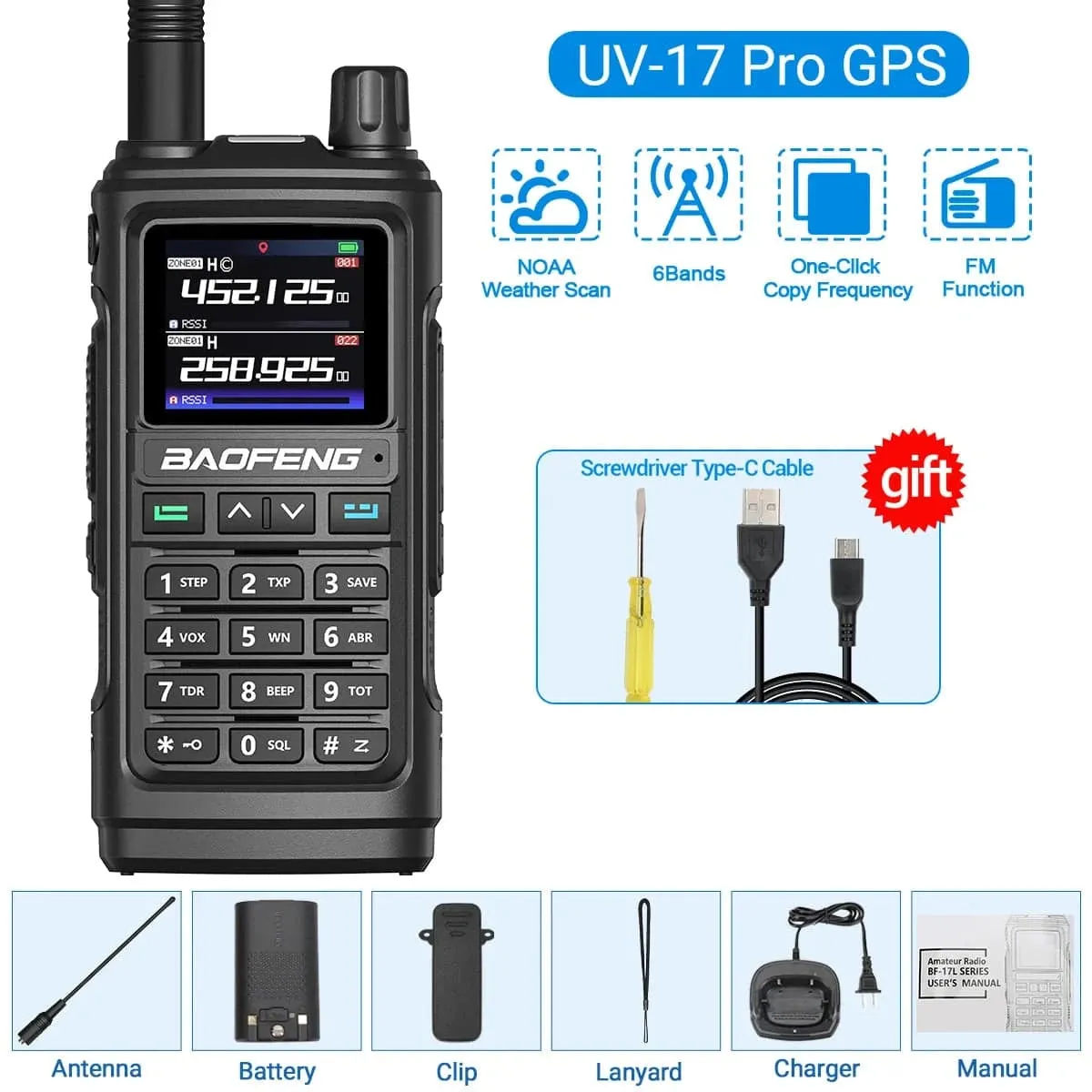 Baofeng UV-17 PRO GPS Air Band Walkie Talkie 999CH Wireless Copy Frequency NOAA Six Bands Amateur Ham Two Way Radio for Hunting