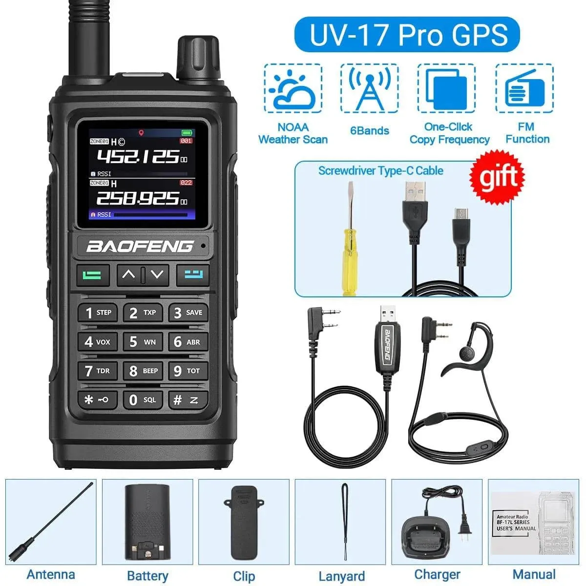 Baofeng UV-17 PRO GPS Air Band Walkie Talkie 999CH Wireless Copy Frequency NOAA Six Bands Amateur Ham Two Way Radio for Hunting