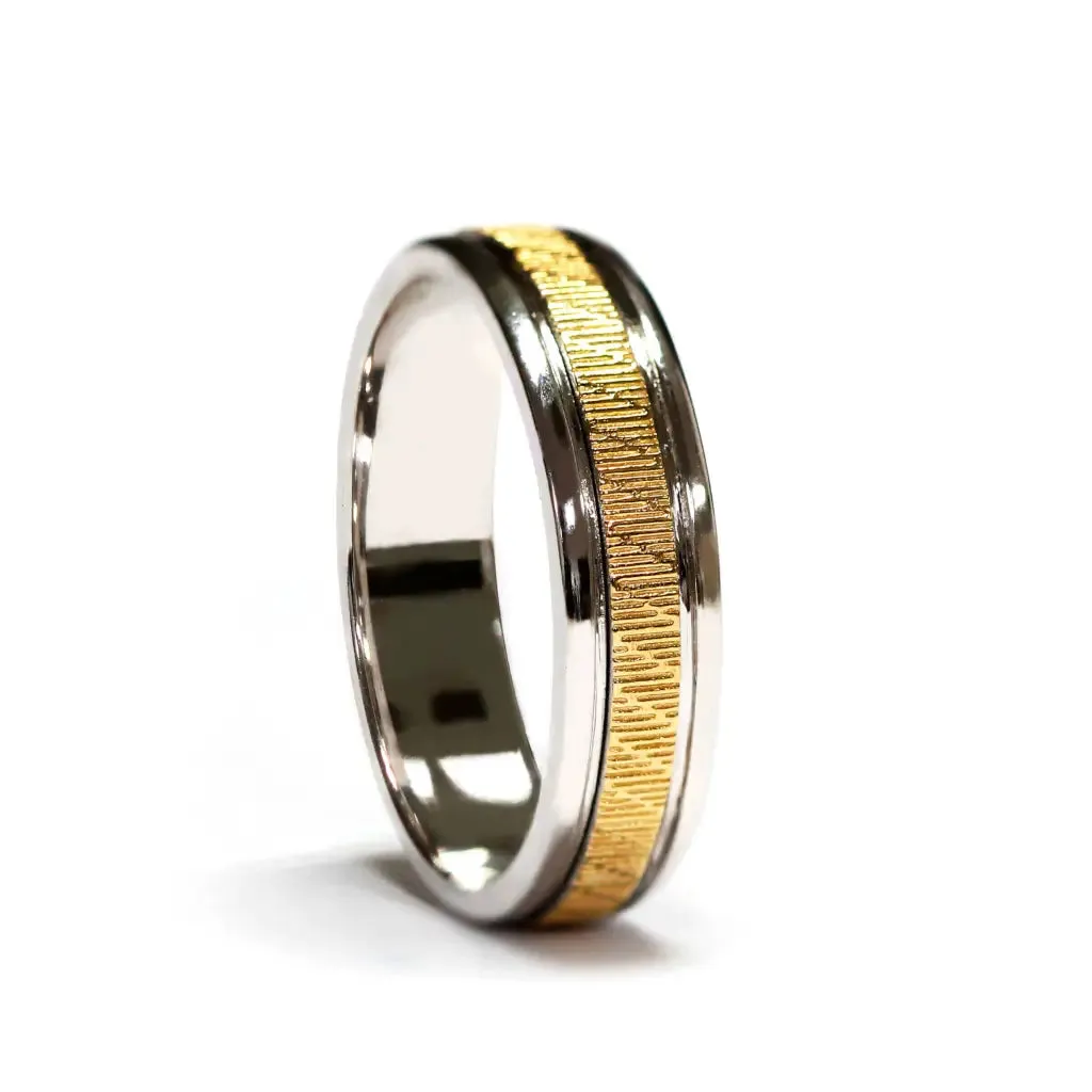 Benjamin Moissanite Accented V Shaped and Art Carved Duo Tone Wedding Rings in 18K gold