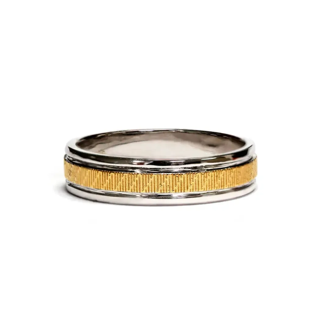 Benjamin Moissanite Accented V Shaped and Art Carved Duo Tone Wedding Rings in 18K gold