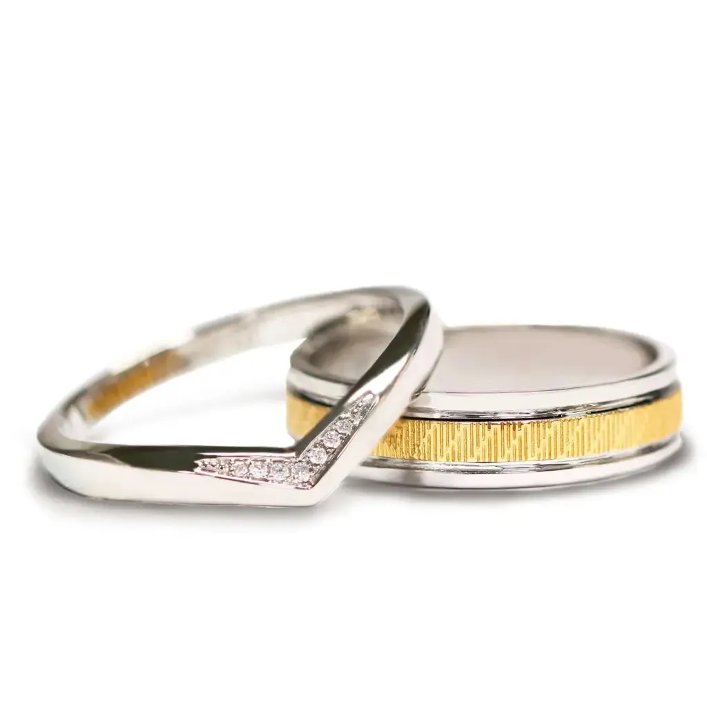 Benjamin Moissanite Accented V Shaped and Art Carved Duo Tone Wedding Rings in 18K gold