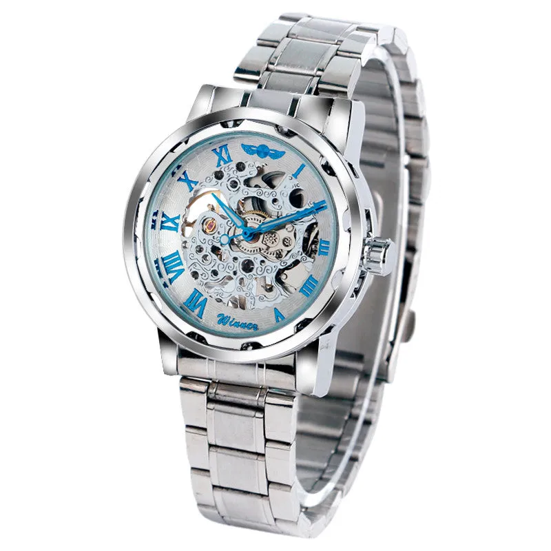 Fashion Wristwatches Blue Roman Numbers Skleton Men's Watch Stainless Steel Elegant Business Wrist Watch montre homme