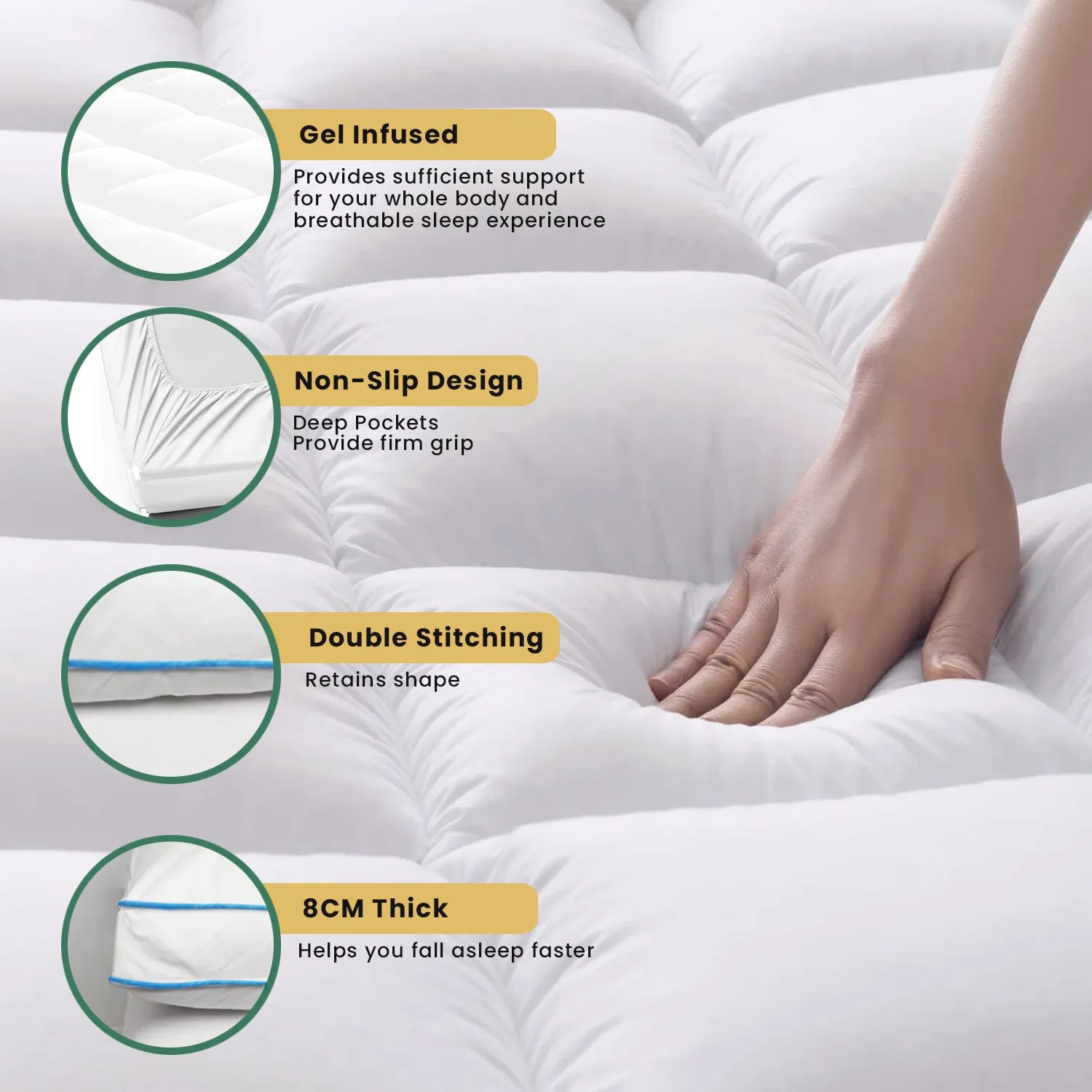 Gel Mattress Topper 8cm Thickness - 160x200cm White with Blue Cord