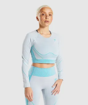 Gymshark Hyper Amplify Long Sleeve Crop Top - Light Grey Marl/Light Teal