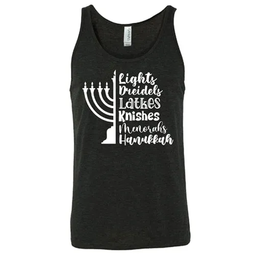 Lights, Dreidels, Latkes, Knishes, Menorahs, Hanukkah Shirt Unisex