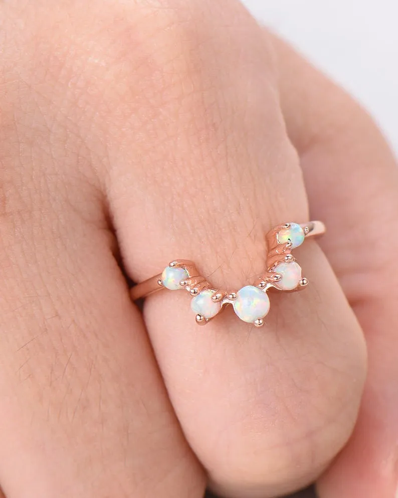 Opal Wedding Band Art Deco Curved 14k Rose Gold Stacking Ring Promise Bridal Matching Ring Women Anniversary Gift for Her