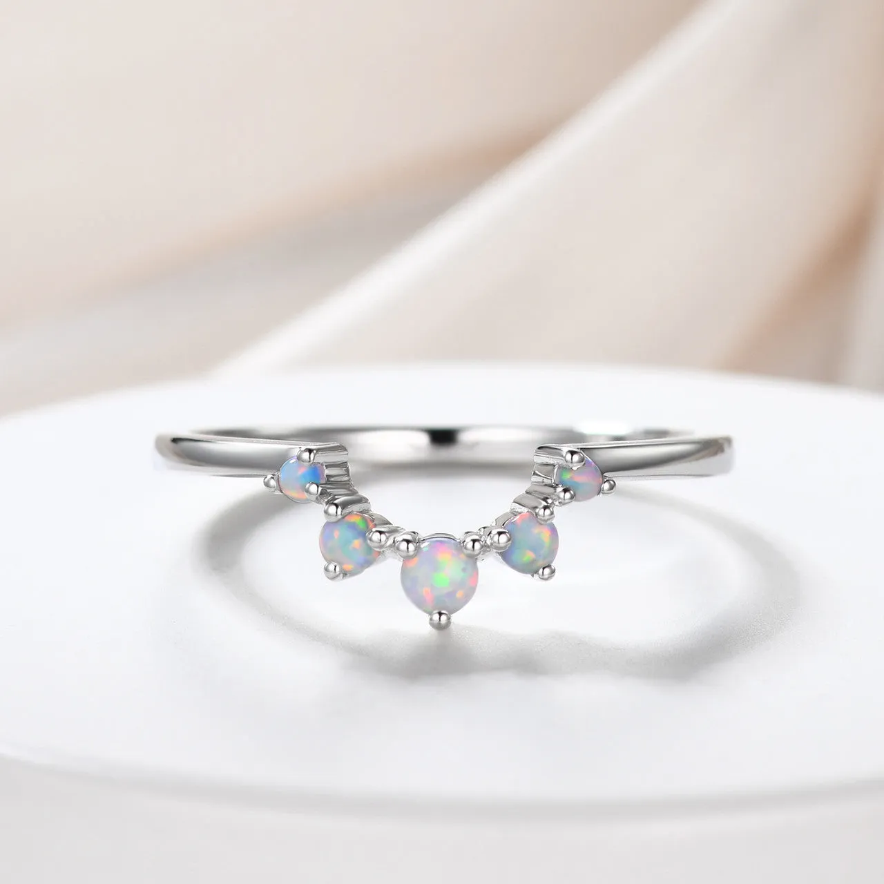 Opal Wedding Band Art Deco Curved 14k Rose Gold Stacking Ring Promise Bridal Matching Ring Women Anniversary Gift for Her