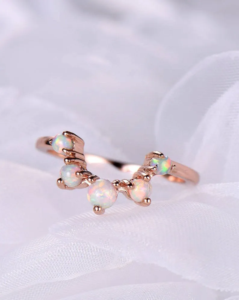 Opal Wedding Band Art Deco Curved 14k Rose Gold Stacking Ring Promise Bridal Matching Ring Women Anniversary Gift for Her