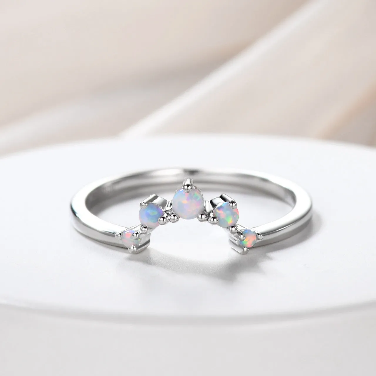 Opal Wedding Band Art Deco Curved 14k Rose Gold Stacking Ring Promise Bridal Matching Ring Women Anniversary Gift for Her