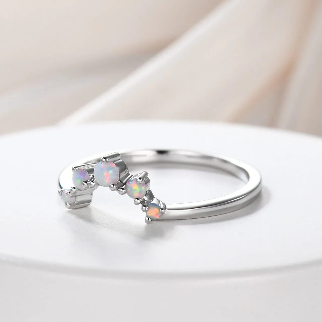 Opal Wedding Band Art Deco Curved 14k Rose Gold Stacking Ring Promise Bridal Matching Ring Women Anniversary Gift for Her