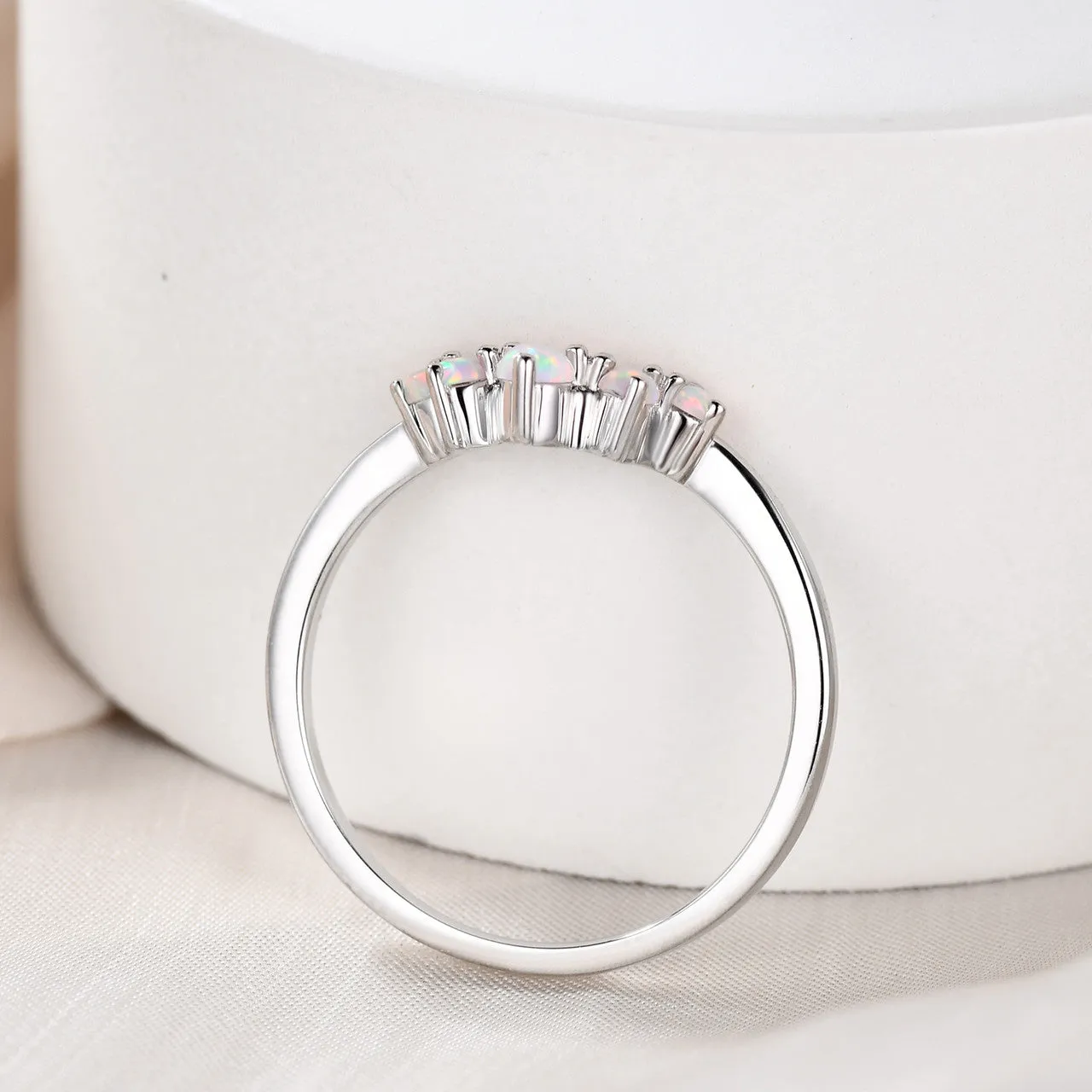 Opal Wedding Band Art Deco Curved 14k Rose Gold Stacking Ring Promise Bridal Matching Ring Women Anniversary Gift for Her