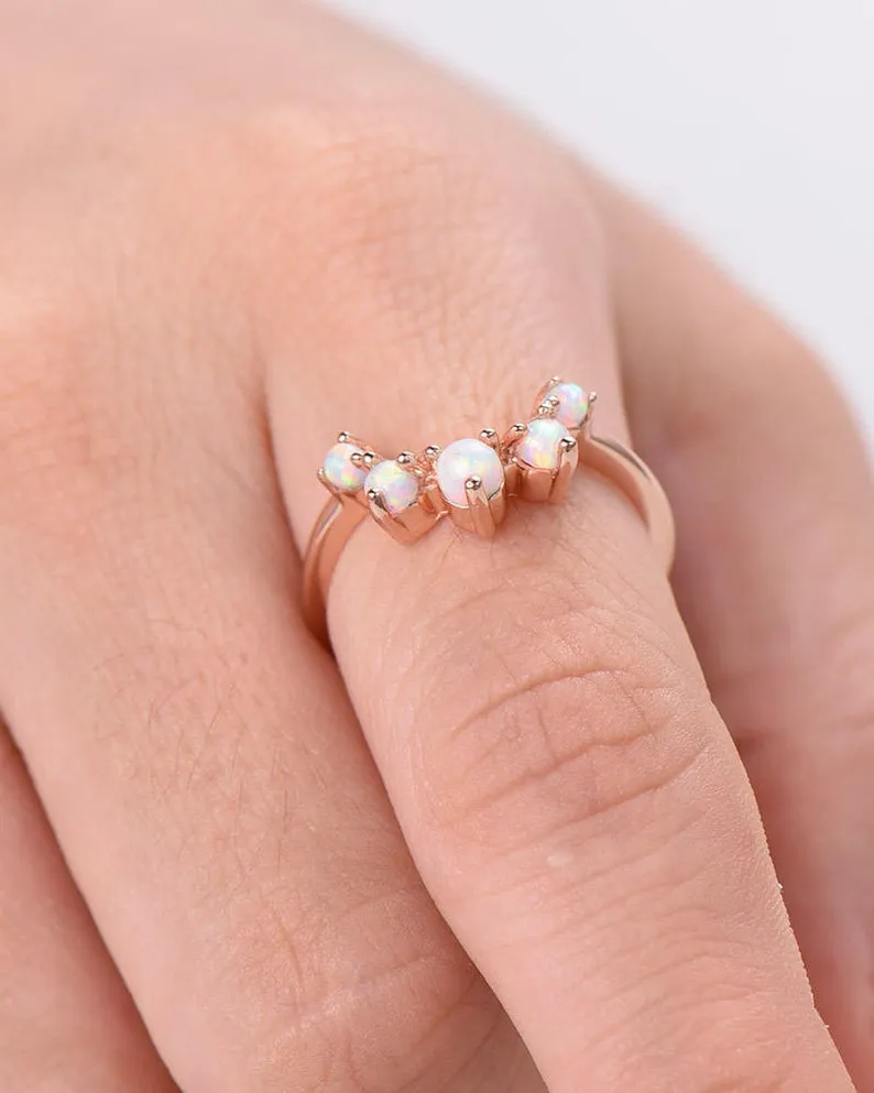 Opal Wedding Band Art Deco Curved 14k Rose Gold Stacking Ring Promise Bridal Matching Ring Women Anniversary Gift for Her