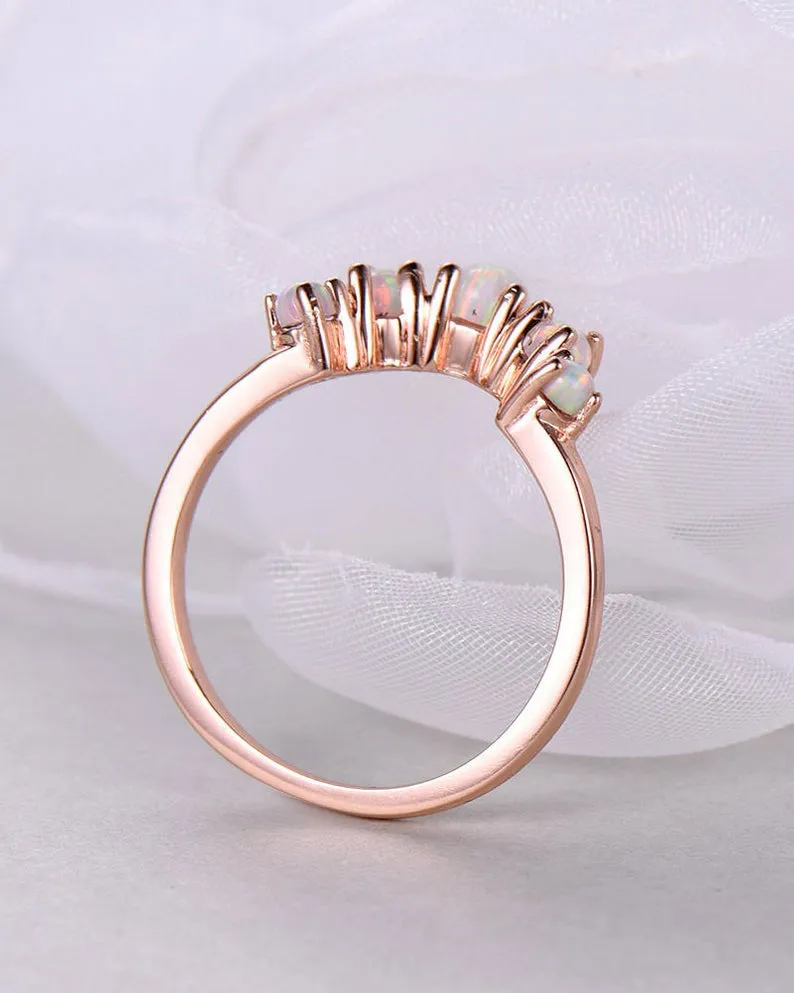 Opal Wedding Band Art Deco Curved 14k Rose Gold Stacking Ring Promise Bridal Matching Ring Women Anniversary Gift for Her