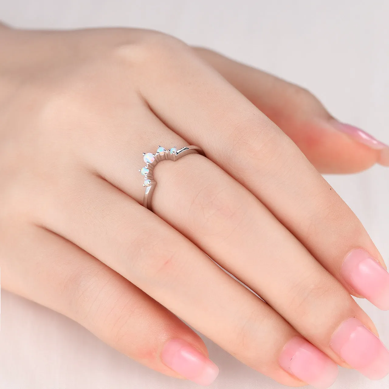 Opal Wedding Band Art Deco Curved 14k Rose Gold Stacking Ring Promise Bridal Matching Ring Women Anniversary Gift for Her