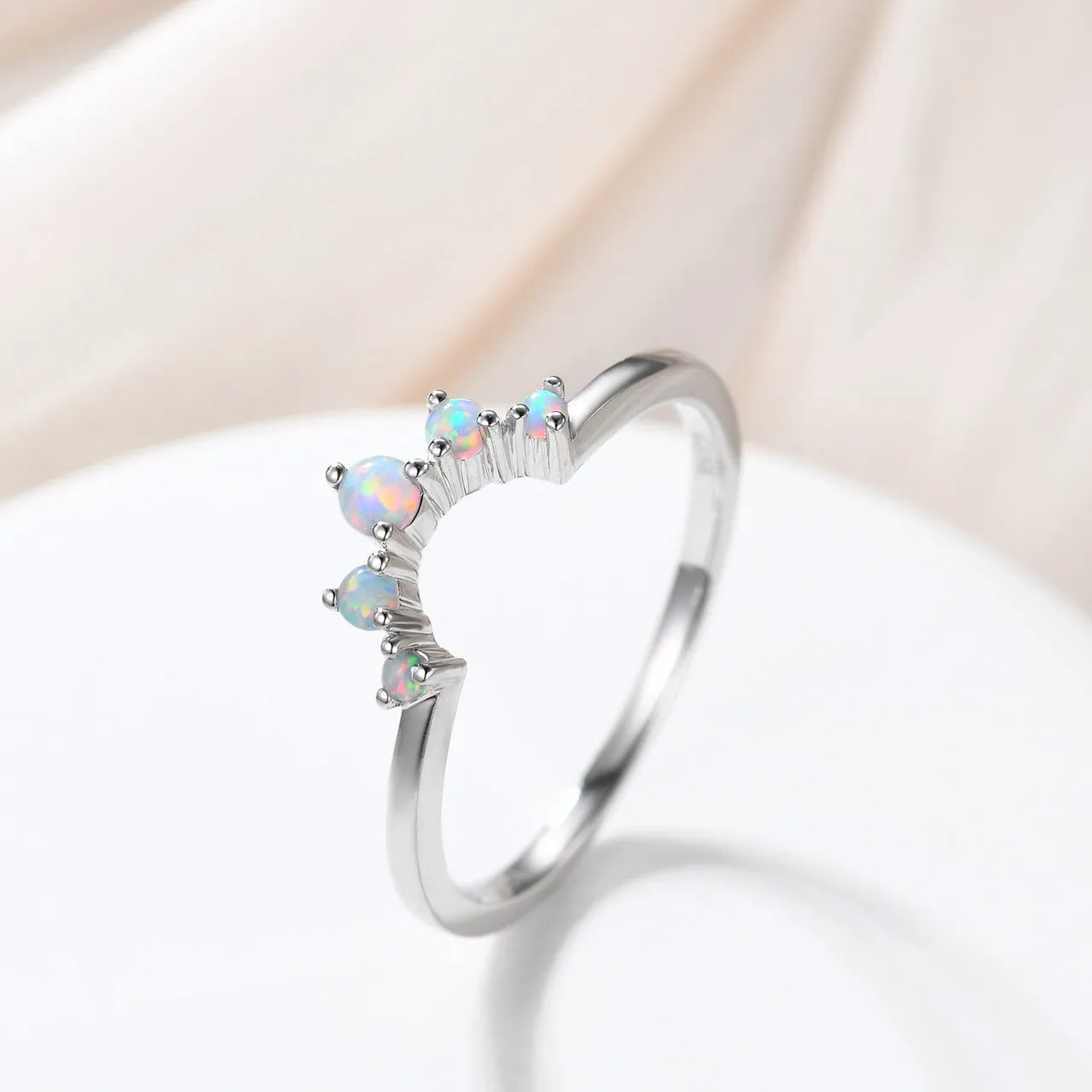 Opal Wedding Band Art Deco Curved 14k Rose Gold Stacking Ring Promise Bridal Matching Ring Women Anniversary Gift for Her