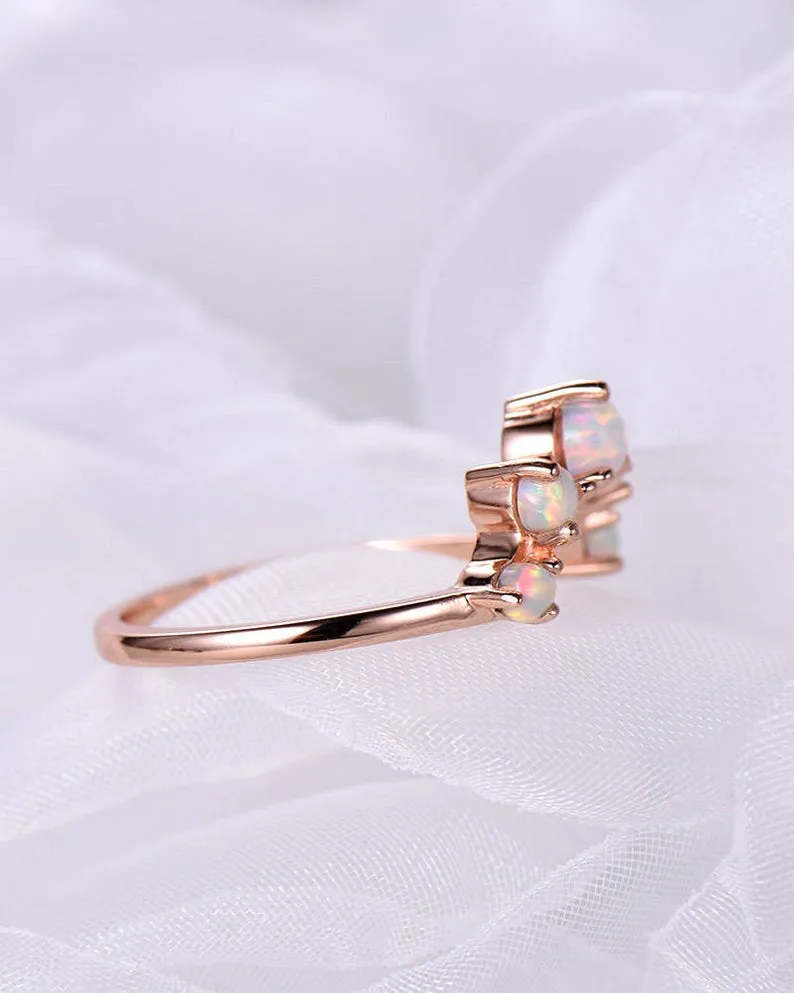 Opal Wedding Band Art Deco Curved 14k Rose Gold Stacking Ring Promise Bridal Matching Ring Women Anniversary Gift for Her