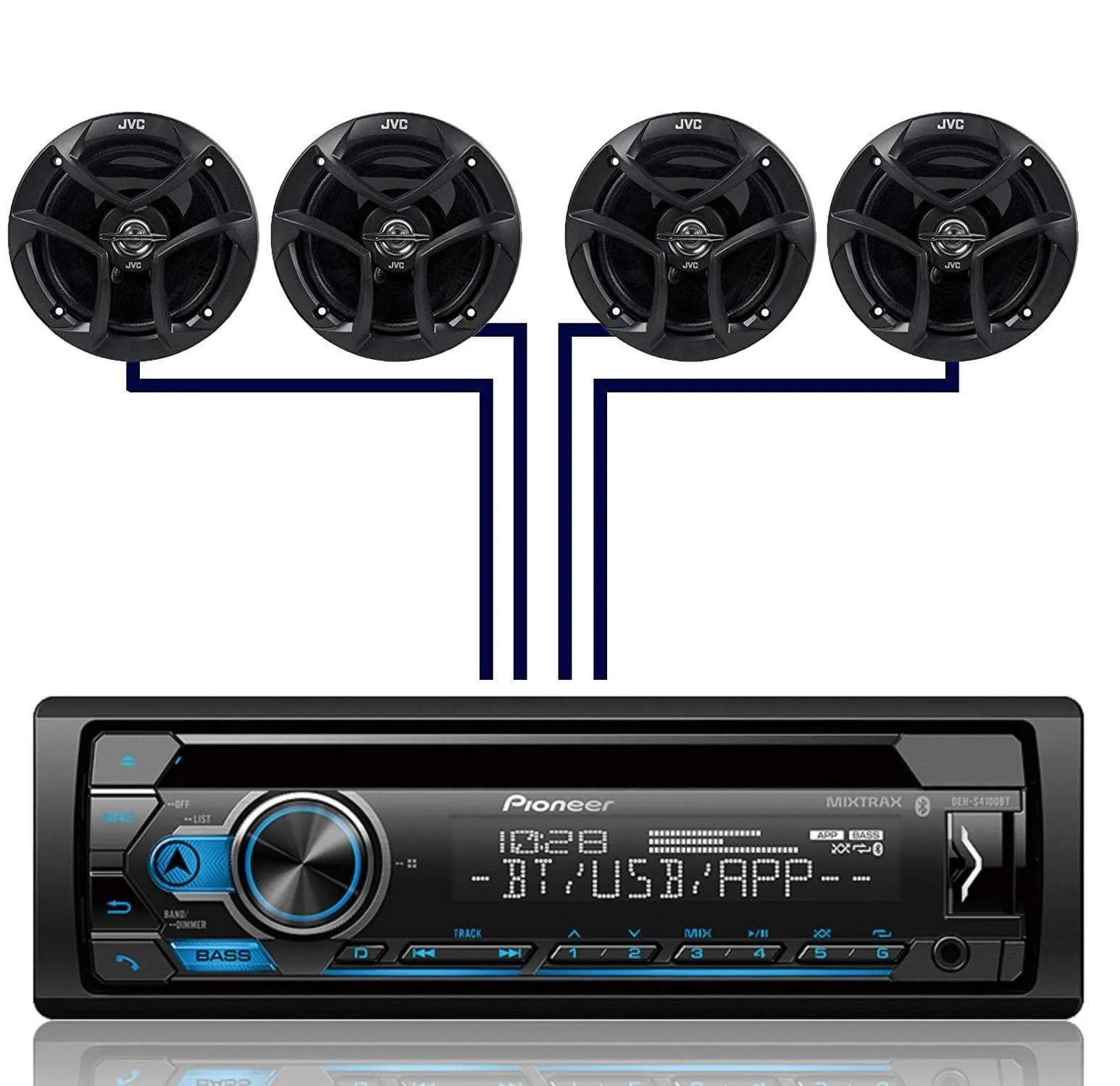 Pioneer DEH-S4100BT Single DIN Bluetooth in-Dash CD USB MP3 AUX AM/FM MIXTRAX Pandora Spotify Android Car Stereo Receiver with 2 Pairs JVC 6.5" 300W 2-Way Coaxial Car Speakers