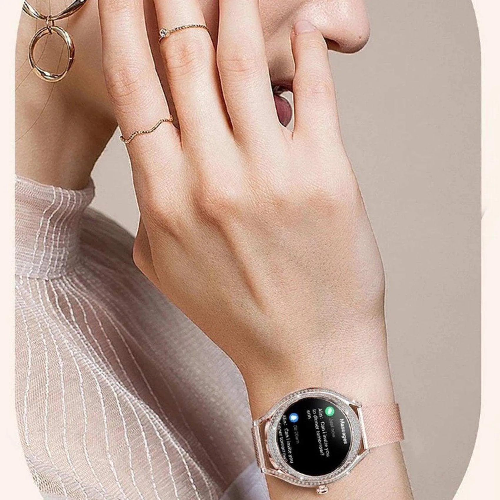 TUTT V66 AMOLED Women Smart Watch  1.28” Blood Oxygen Fitness Tracker | Always On Display | 150 cubic Zirconia | Two Straps (Silicone and Metal)