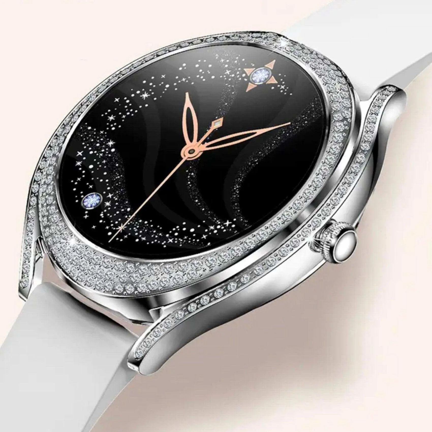 TUTT V66 AMOLED Women Smart Watch  1.28” Blood Oxygen Fitness Tracker | Always On Display | 150 cubic Zirconia | Two Straps (Silicone and Metal)