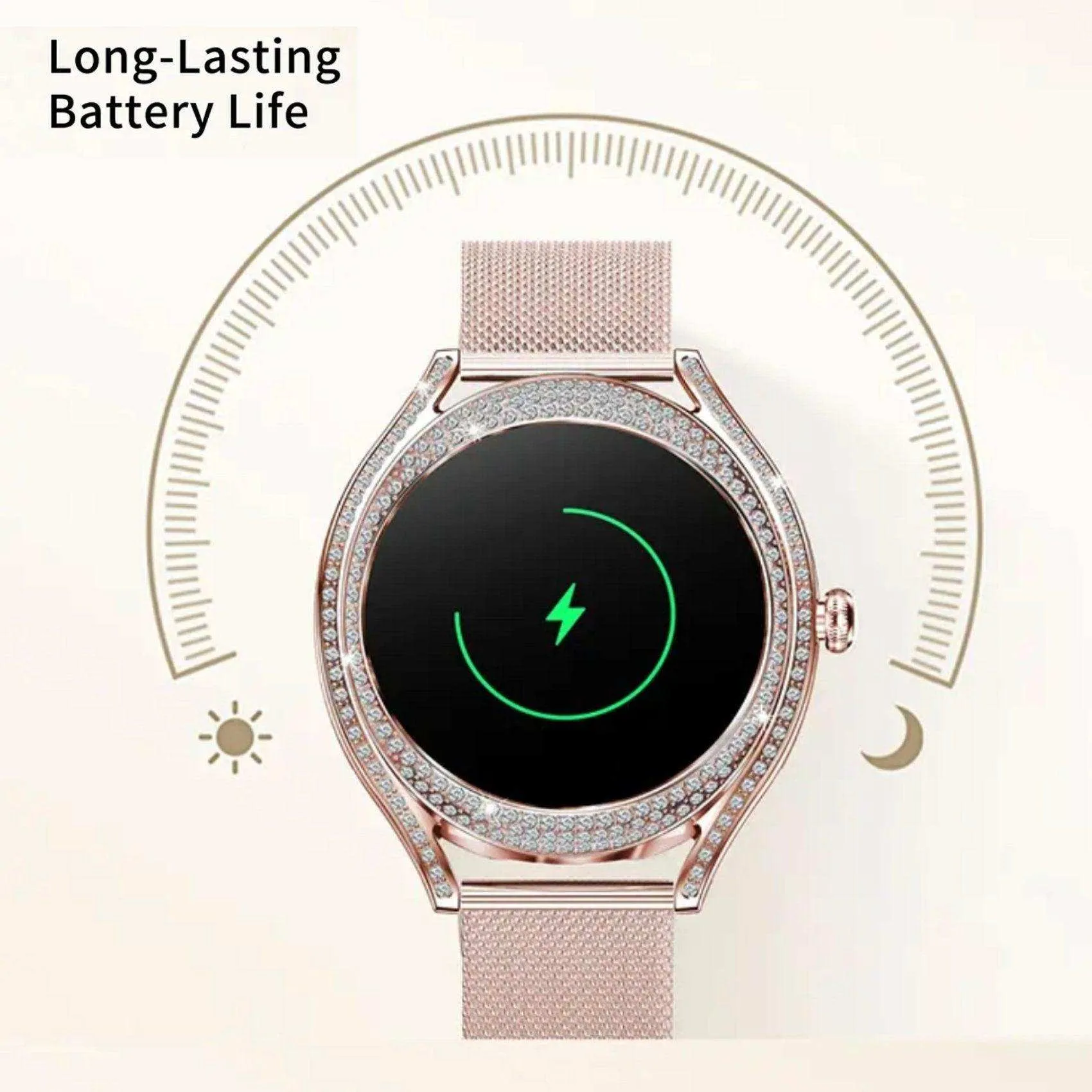 TUTT V66 AMOLED Women Smart Watch  1.28” Blood Oxygen Fitness Tracker | Always On Display | 150 cubic Zirconia | Two Straps (Silicone and Metal)