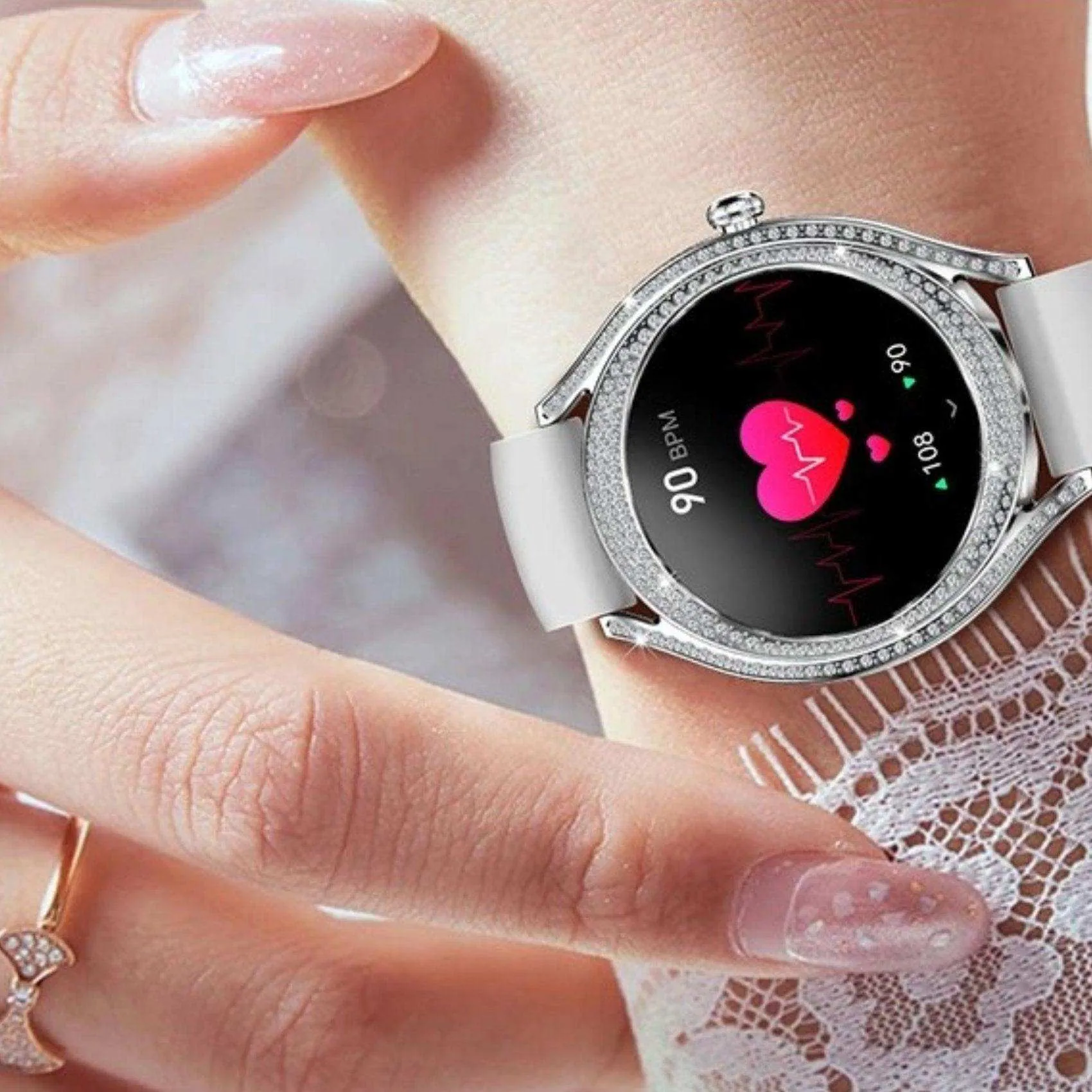 TUTT V66 AMOLED Women Smart Watch  1.28” Blood Oxygen Fitness Tracker | Always On Display | 150 cubic Zirconia | Two Straps (Silicone and Metal)