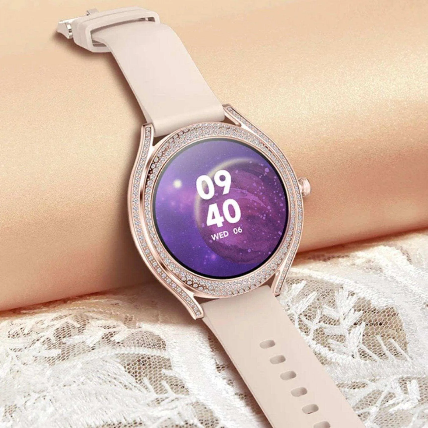 TUTT V66 AMOLED Women Smart Watch  1.28” Blood Oxygen Fitness Tracker | Always On Display | 150 cubic Zirconia | Two Straps (Silicone and Metal)