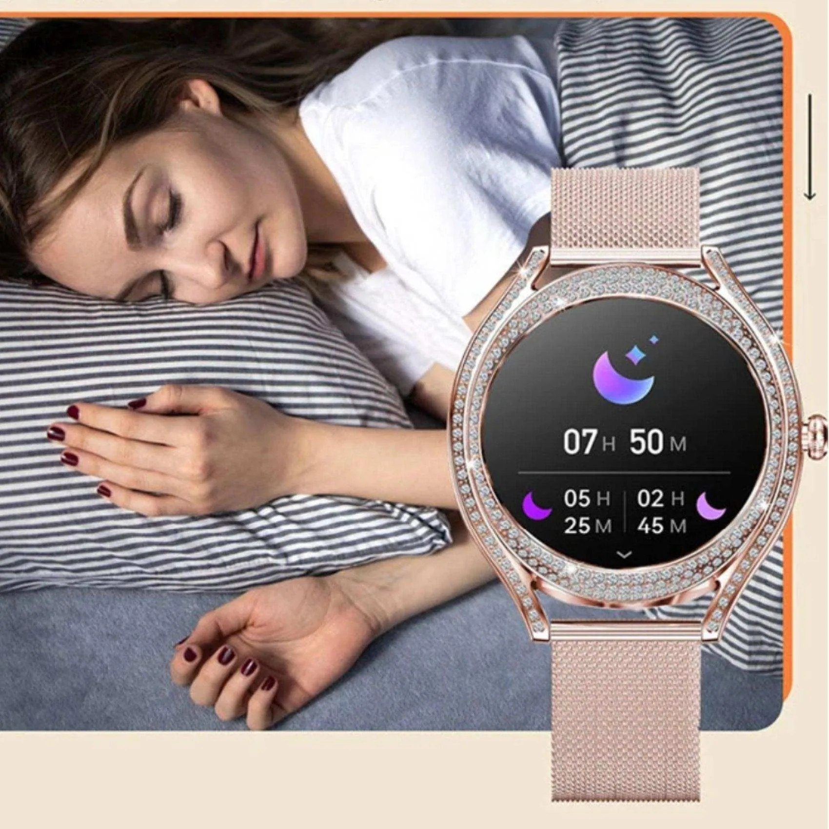 TUTT V66 AMOLED Women Smart Watch  1.28” Blood Oxygen Fitness Tracker | Always On Display | 150 cubic Zirconia | Two Straps (Silicone and Metal)