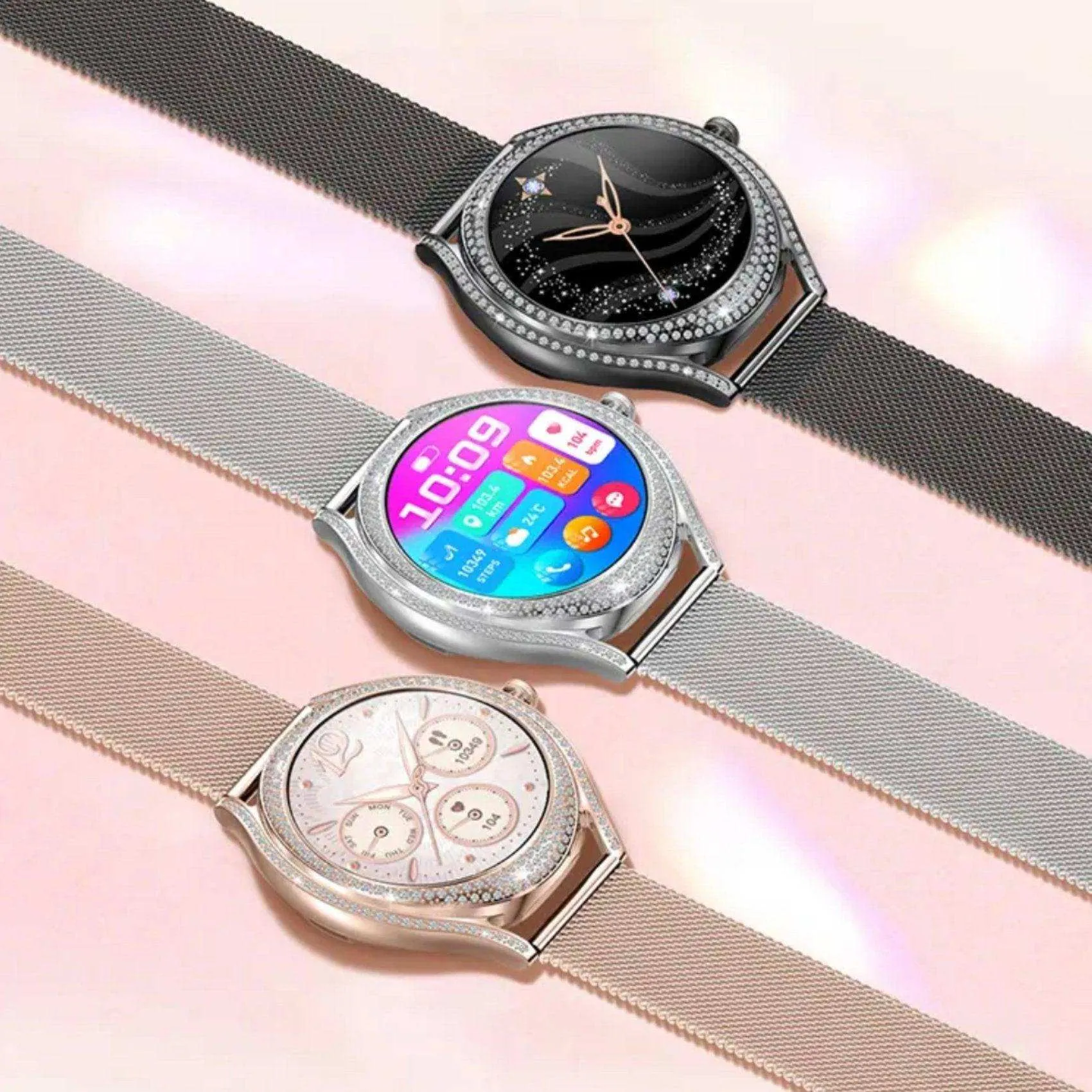 TUTT V66 AMOLED Women Smart Watch  1.28” Blood Oxygen Fitness Tracker | Always On Display | 150 cubic Zirconia | Two Straps (Silicone and Metal)