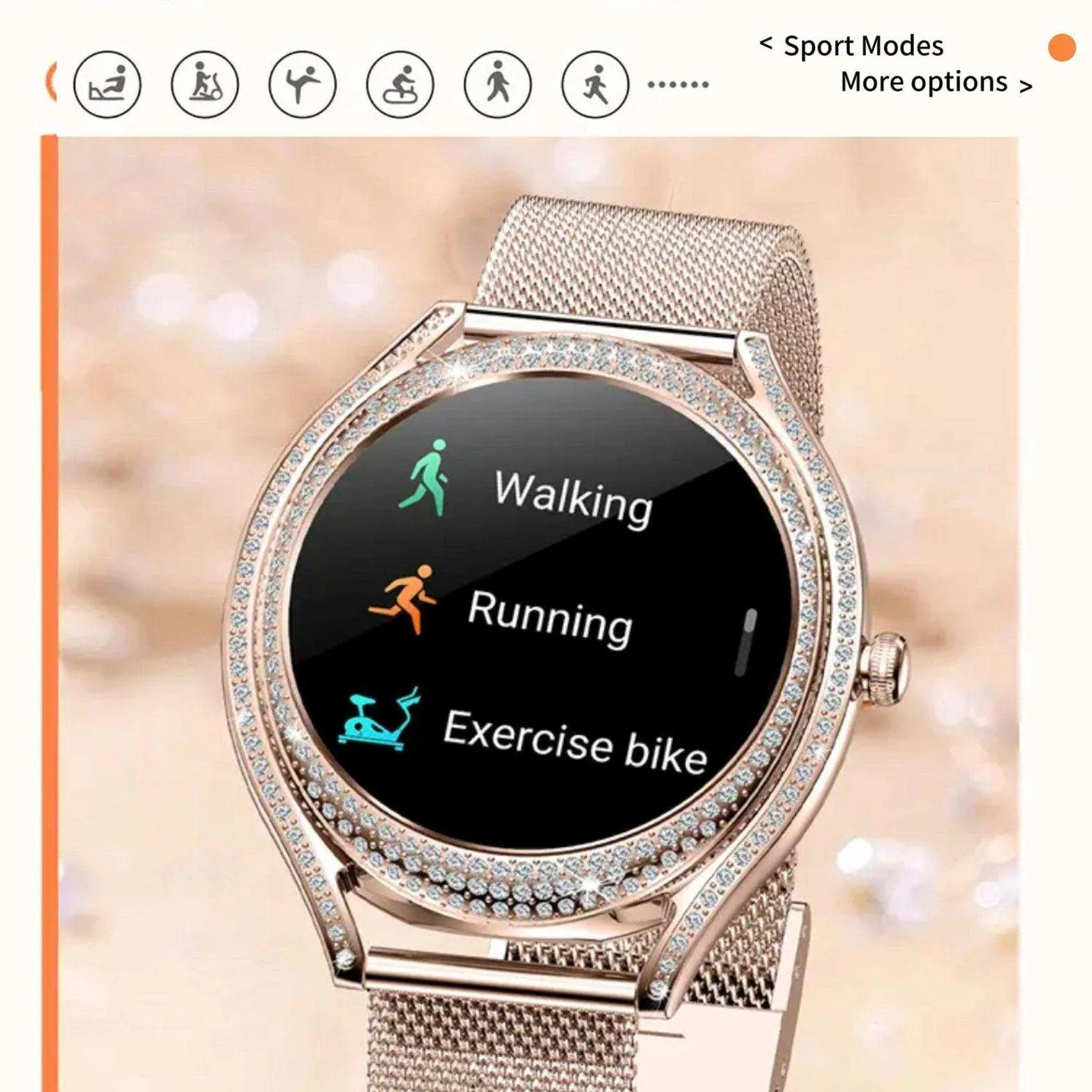 TUTT V66 AMOLED Women Smart Watch  1.28” Blood Oxygen Fitness Tracker | Always On Display | 150 cubic Zirconia | Two Straps (Silicone and Metal)