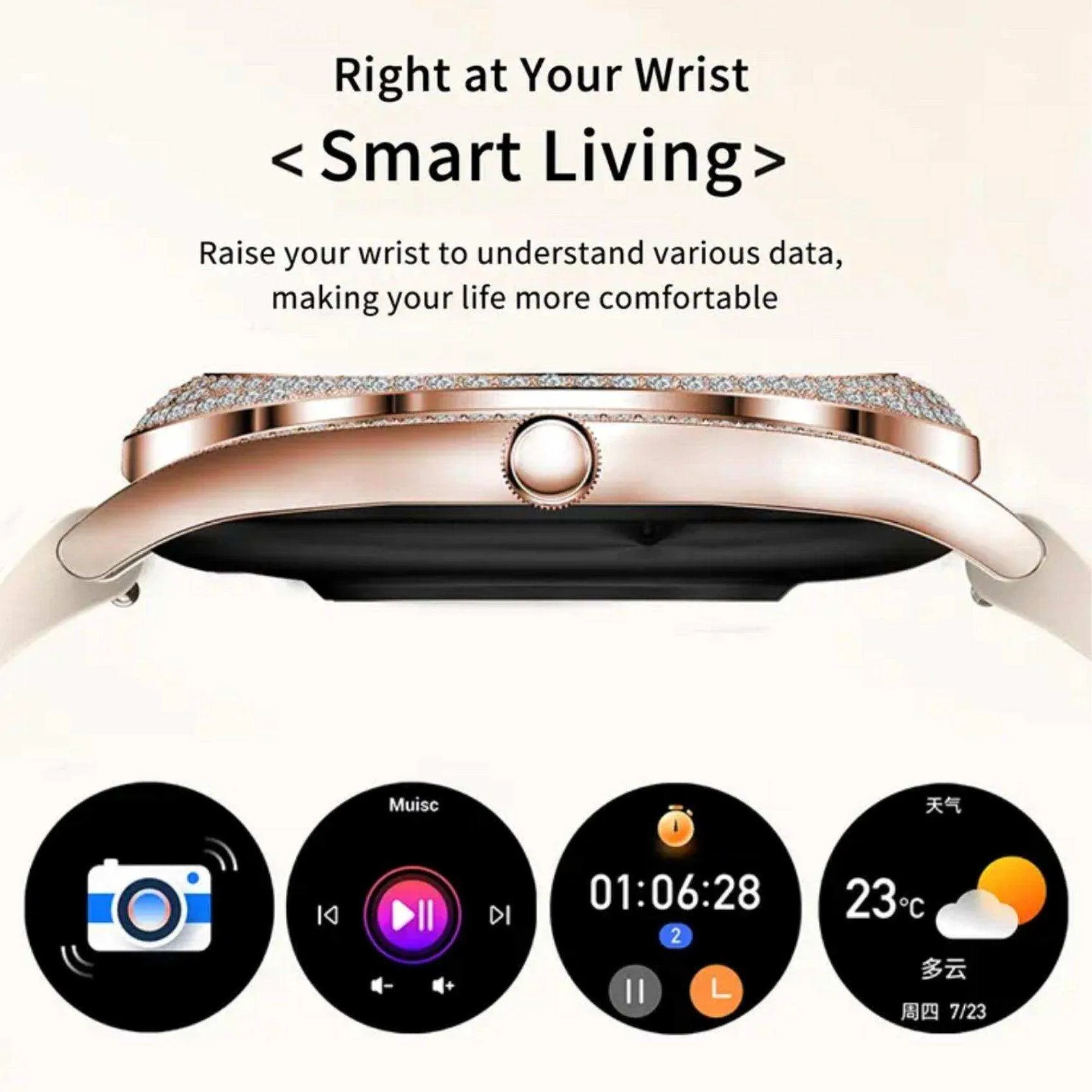 TUTT V66 AMOLED Women Smart Watch  1.28” Blood Oxygen Fitness Tracker | Always On Display | 150 cubic Zirconia | Two Straps (Silicone and Metal)
