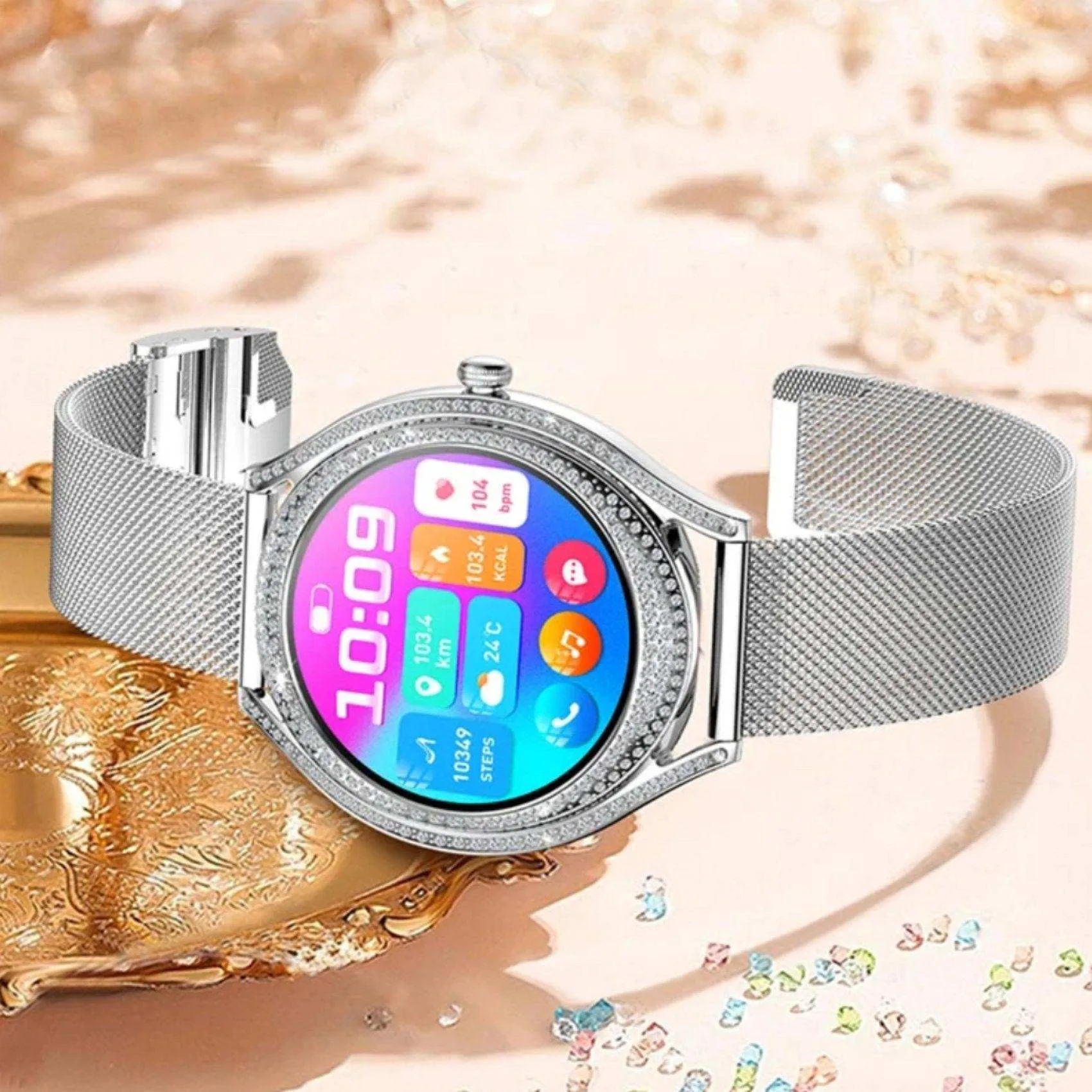 TUTT V66 AMOLED Women Smart Watch  1.28” Blood Oxygen Fitness Tracker | Always On Display | 150 cubic Zirconia | Two Straps (Silicone and Metal)