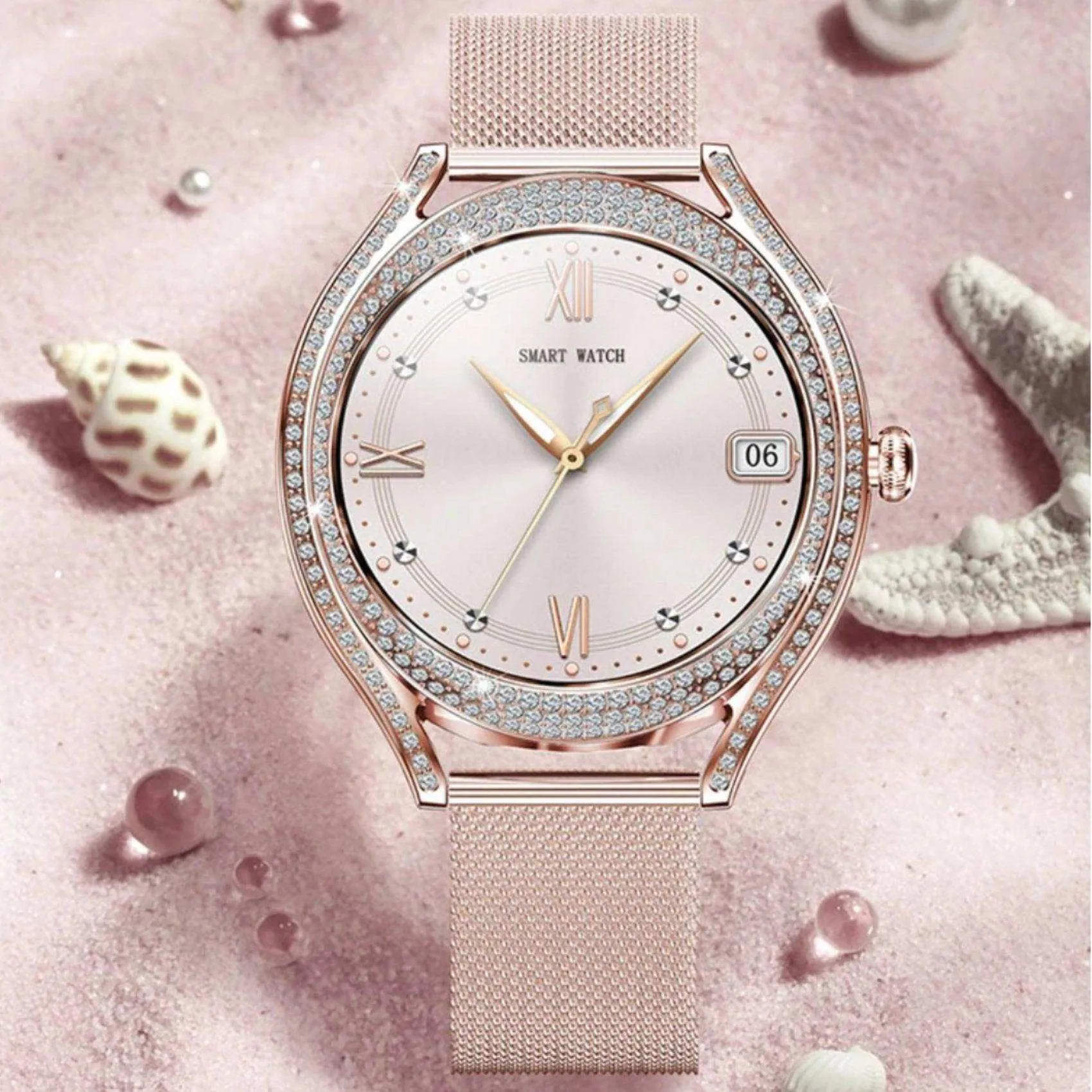 TUTT V66 AMOLED Women Smart Watch  1.28” Blood Oxygen Fitness Tracker | Always On Display | 150 cubic Zirconia | Two Straps (Silicone and Metal)