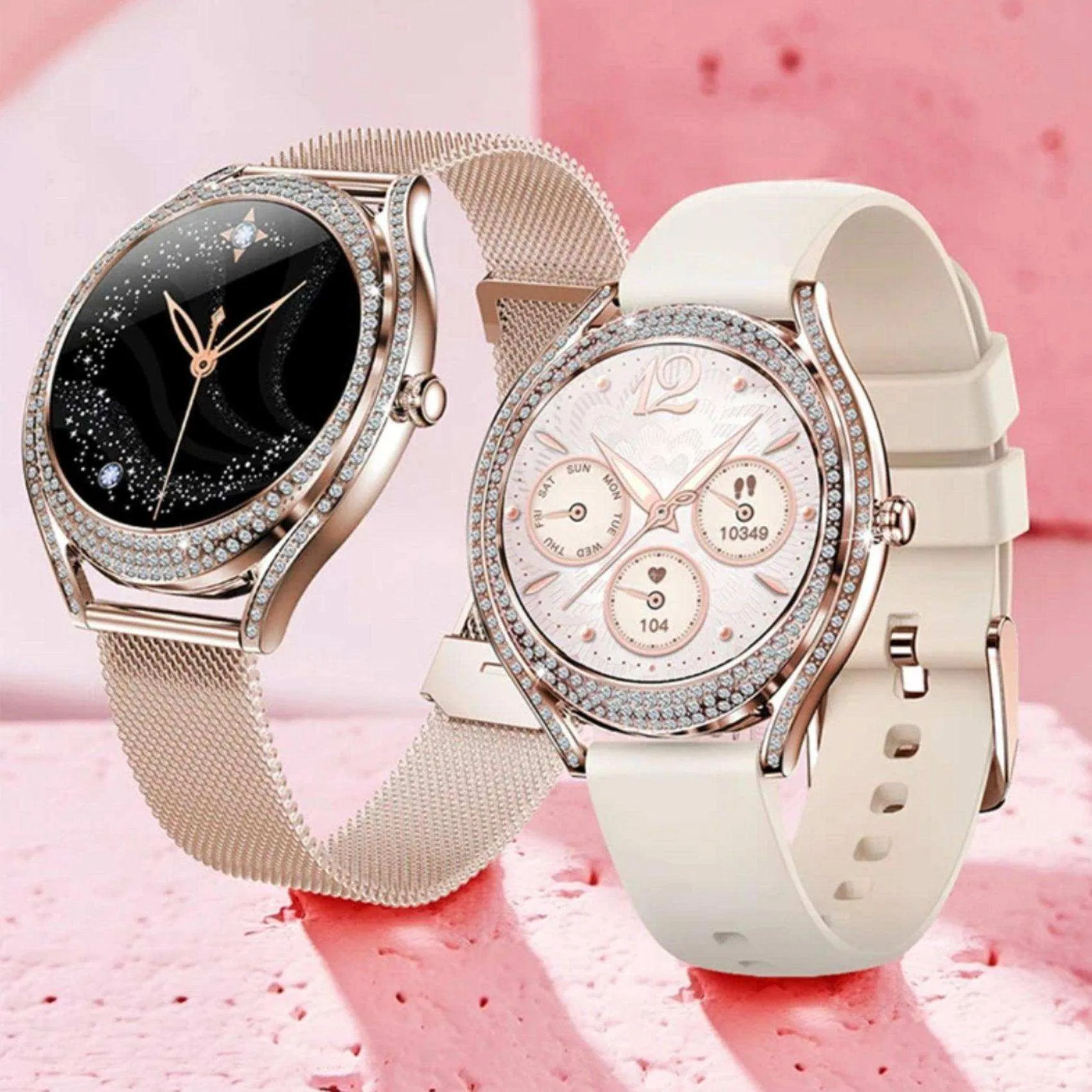 TUTT V66 AMOLED Women Smart Watch  1.28” Blood Oxygen Fitness Tracker | Always On Display | 150 cubic Zirconia | Two Straps (Silicone and Metal)