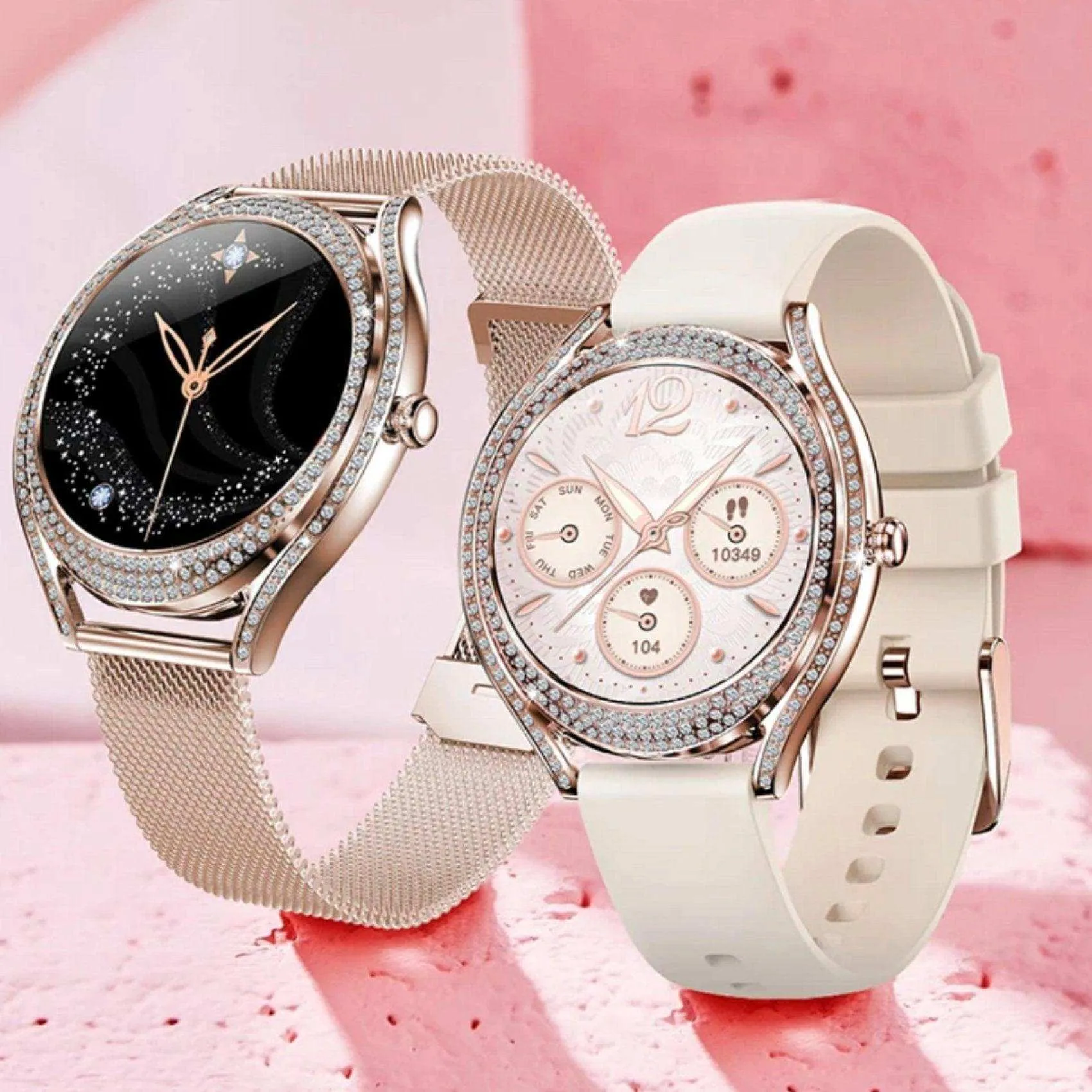 TUTT V66 AMOLED Women Smart Watch  1.28” Blood Oxygen Fitness Tracker | Always On Display | 150 cubic Zirconia | Two Straps (Silicone and Metal)