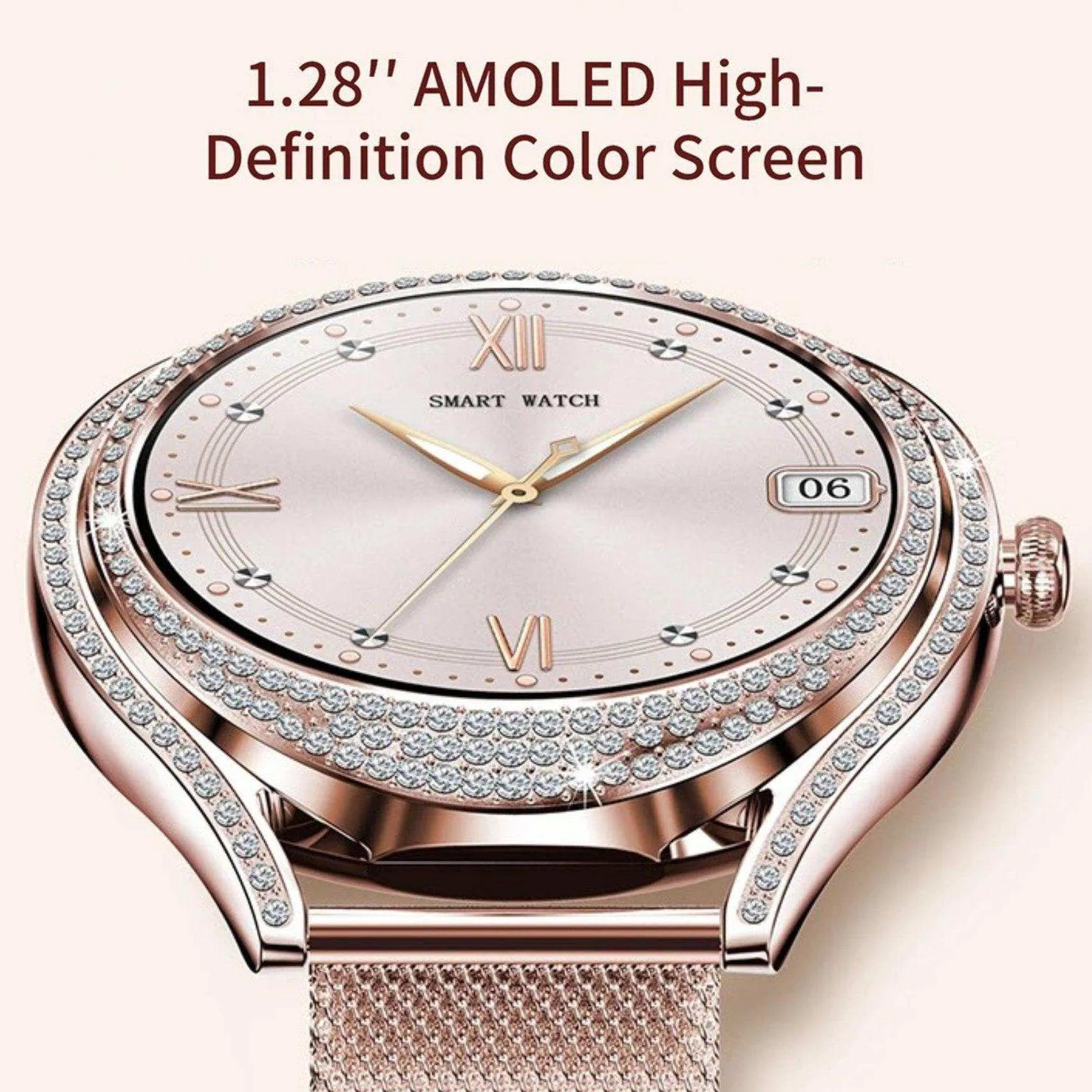 TUTT V66 AMOLED Women Smart Watch  1.28” Blood Oxygen Fitness Tracker | Always On Display | 150 cubic Zirconia | Two Straps (Silicone and Metal)