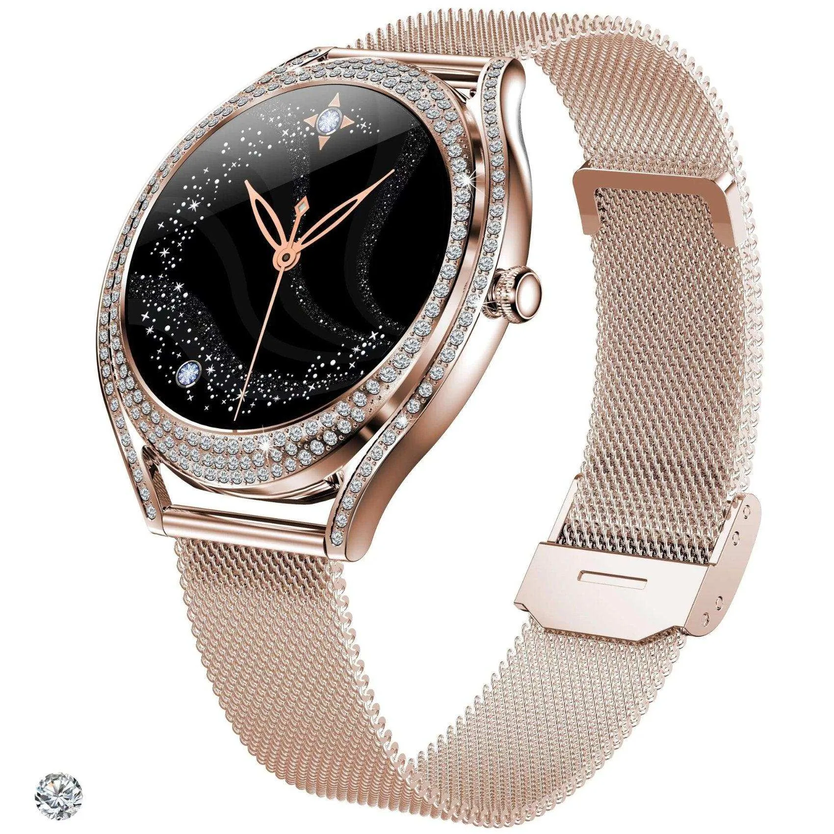 TUTT V66 AMOLED Women Smart Watch  1.28” Blood Oxygen Fitness Tracker | Always On Display | 150 cubic Zirconia | Two Straps (Silicone and Metal)
